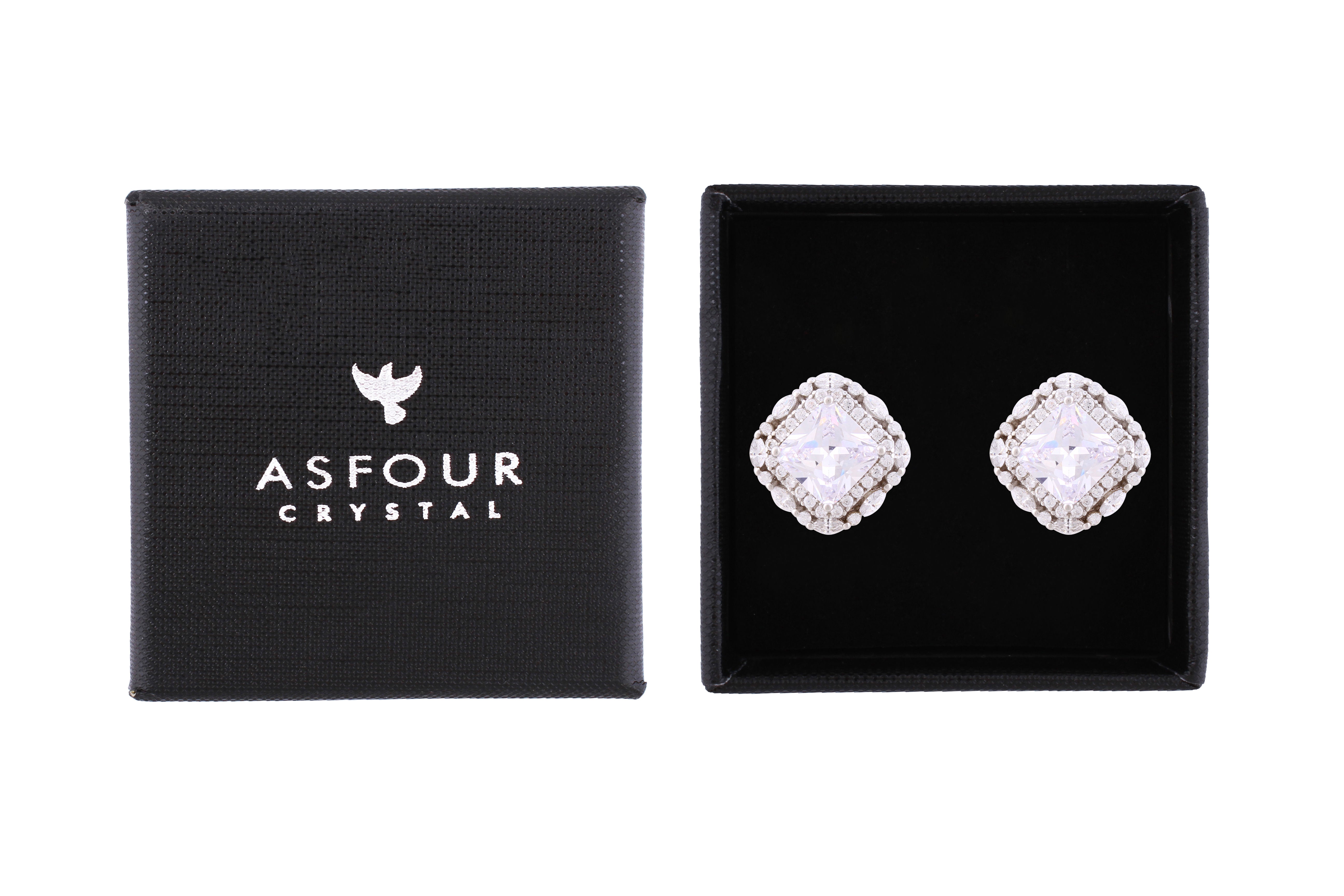 Asfour Crystal Stud Earrings Inlaid With Square Zircon Stone In 925 Sterling Silver-EM0008