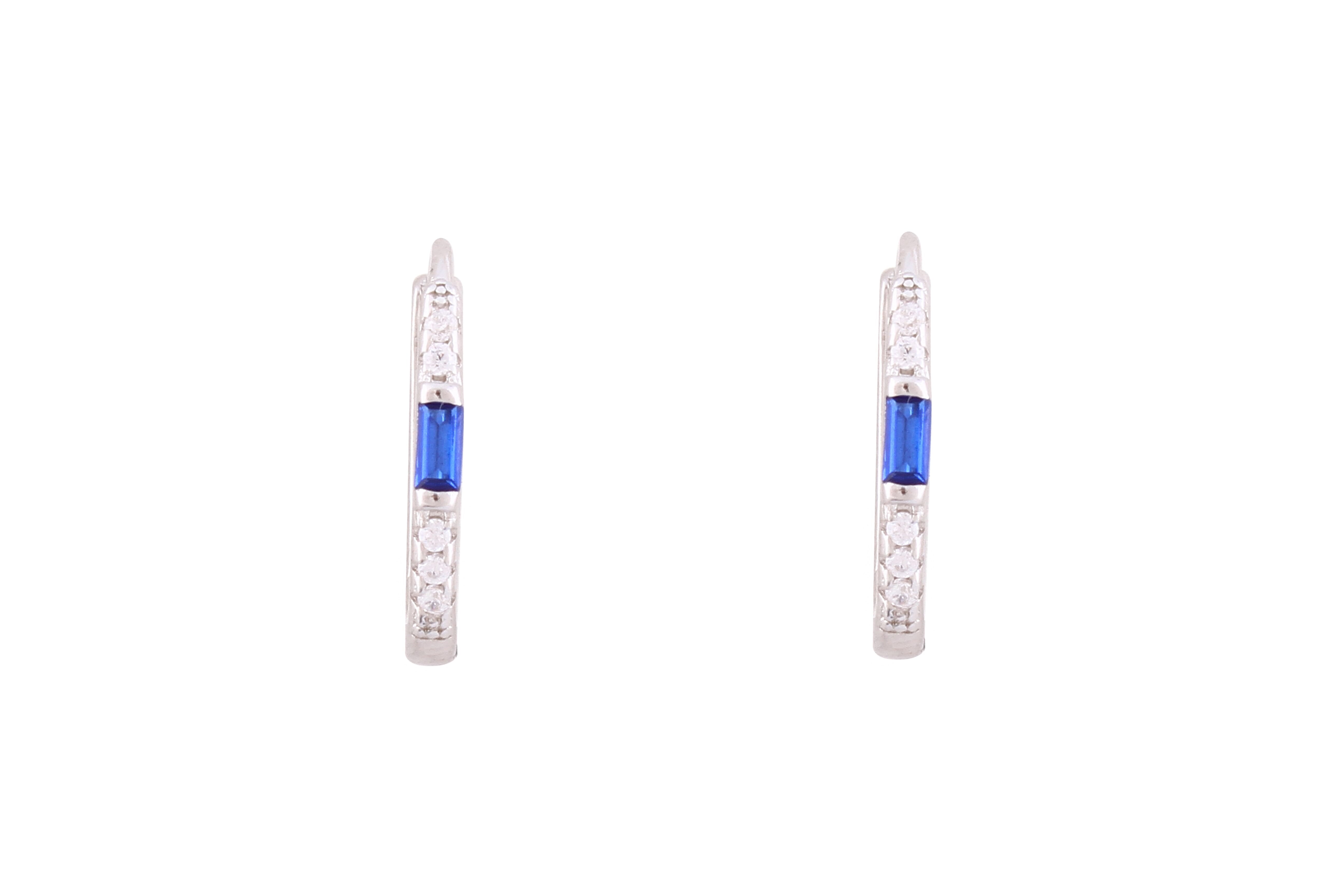 Asfour Crystal Hoop Earrings With Blue Baguette Zircon Stone In 925 Sterling Silver-EM0022-WB