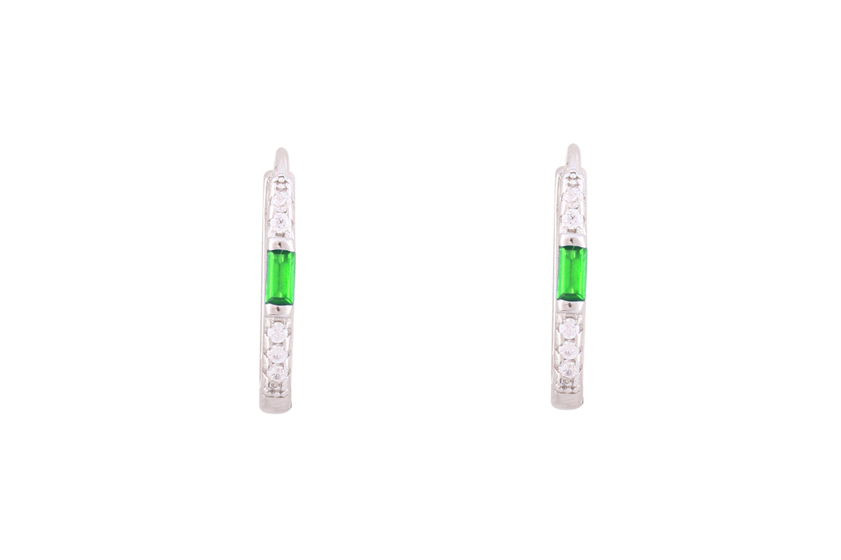 Asfour Crystal Hoop Earrings With Emerald Baguette Zircon Stone In 925 Sterling Silver-EM0022-WG