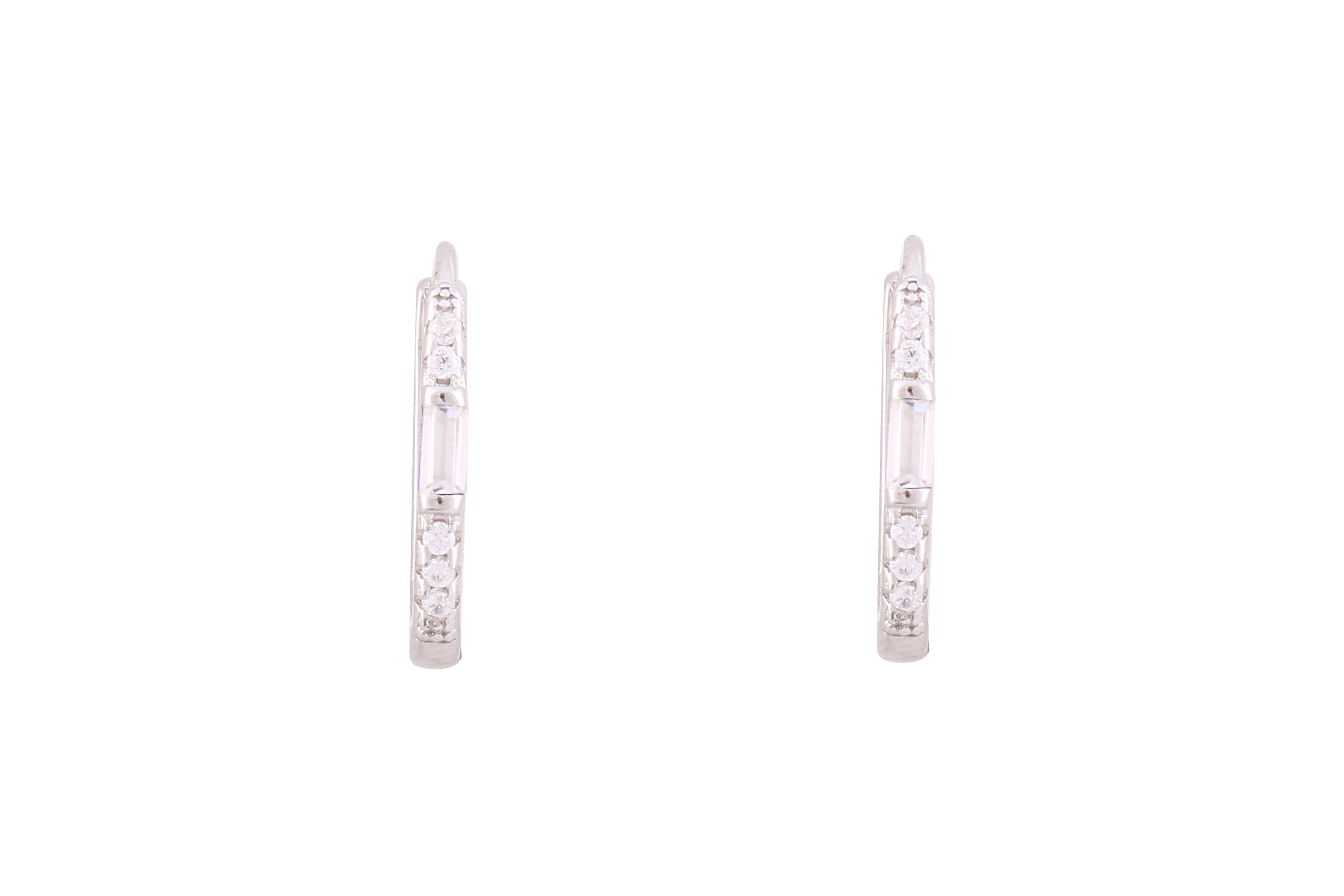 Asfour Crystal Hoop Earrings With Baguette & Round Zircon Stones In 925 Sterling Silver-EM0022