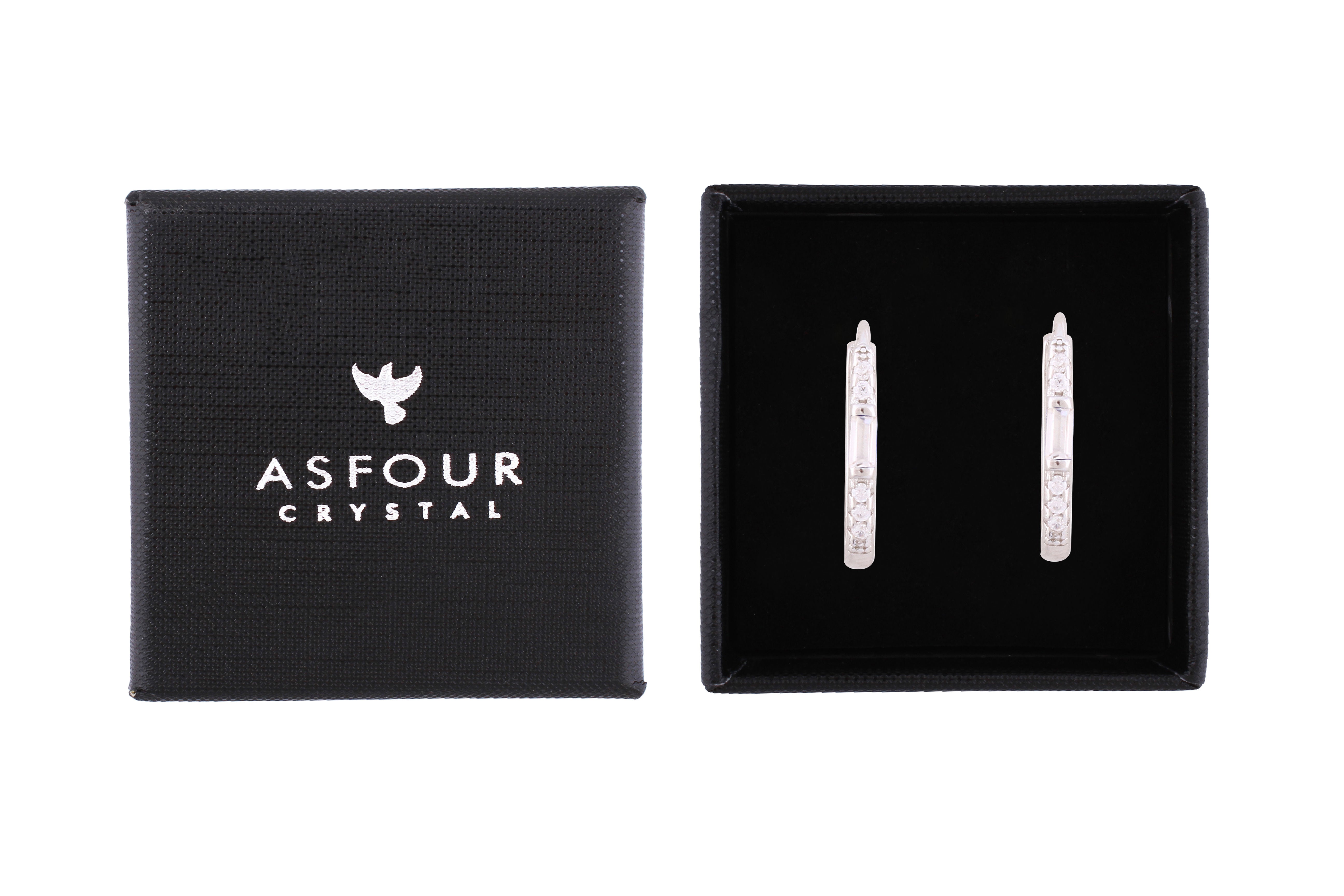 Asfour Crystal Hoop Earrings With Baguette & Round Zircon Stones In 925 Sterling Silver-EM0022