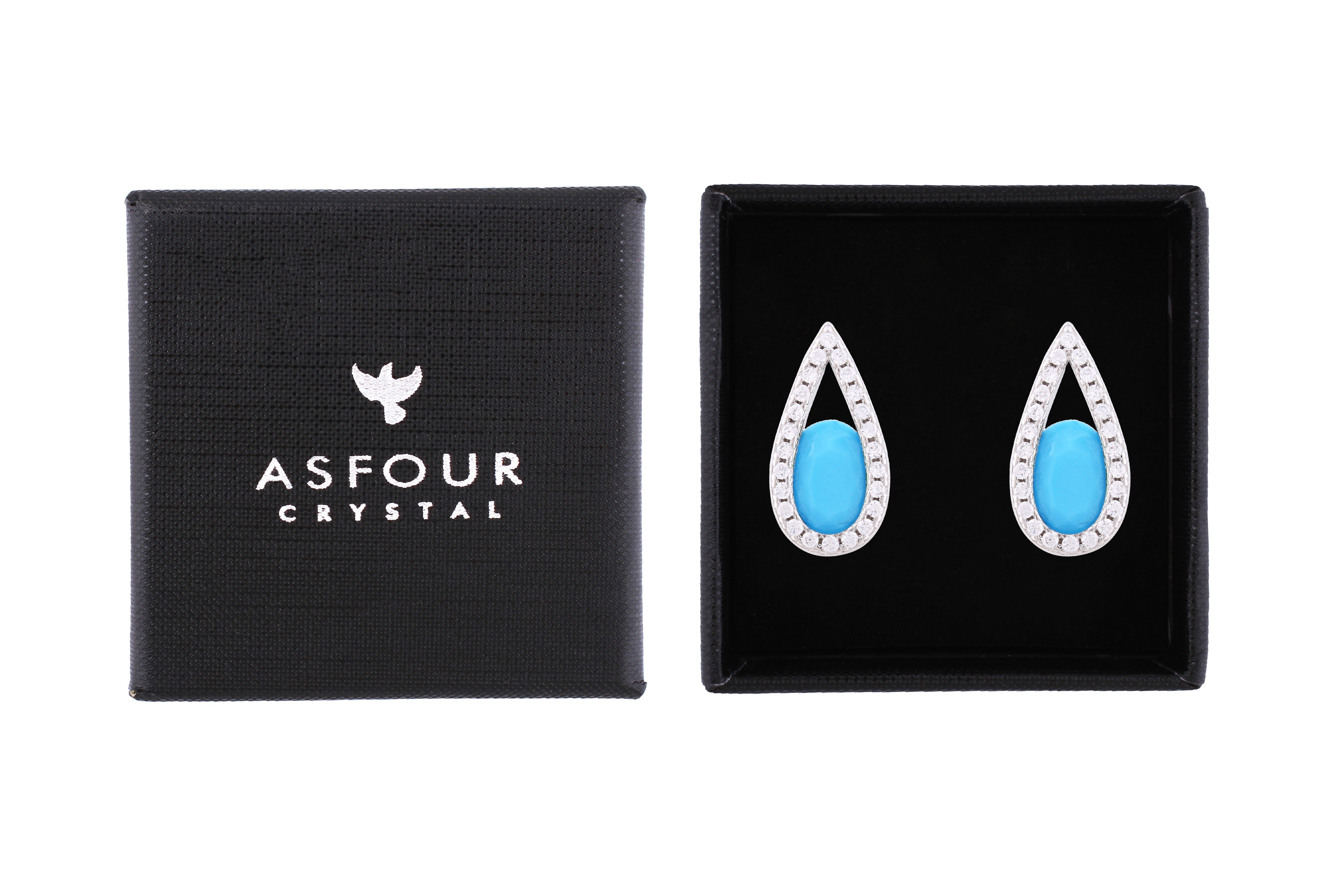 Asfour Crystal Stud Earrings With Oval Cut Aquamarine Zircon Stone In 925 Sterling Silver-EM0024-WM-M