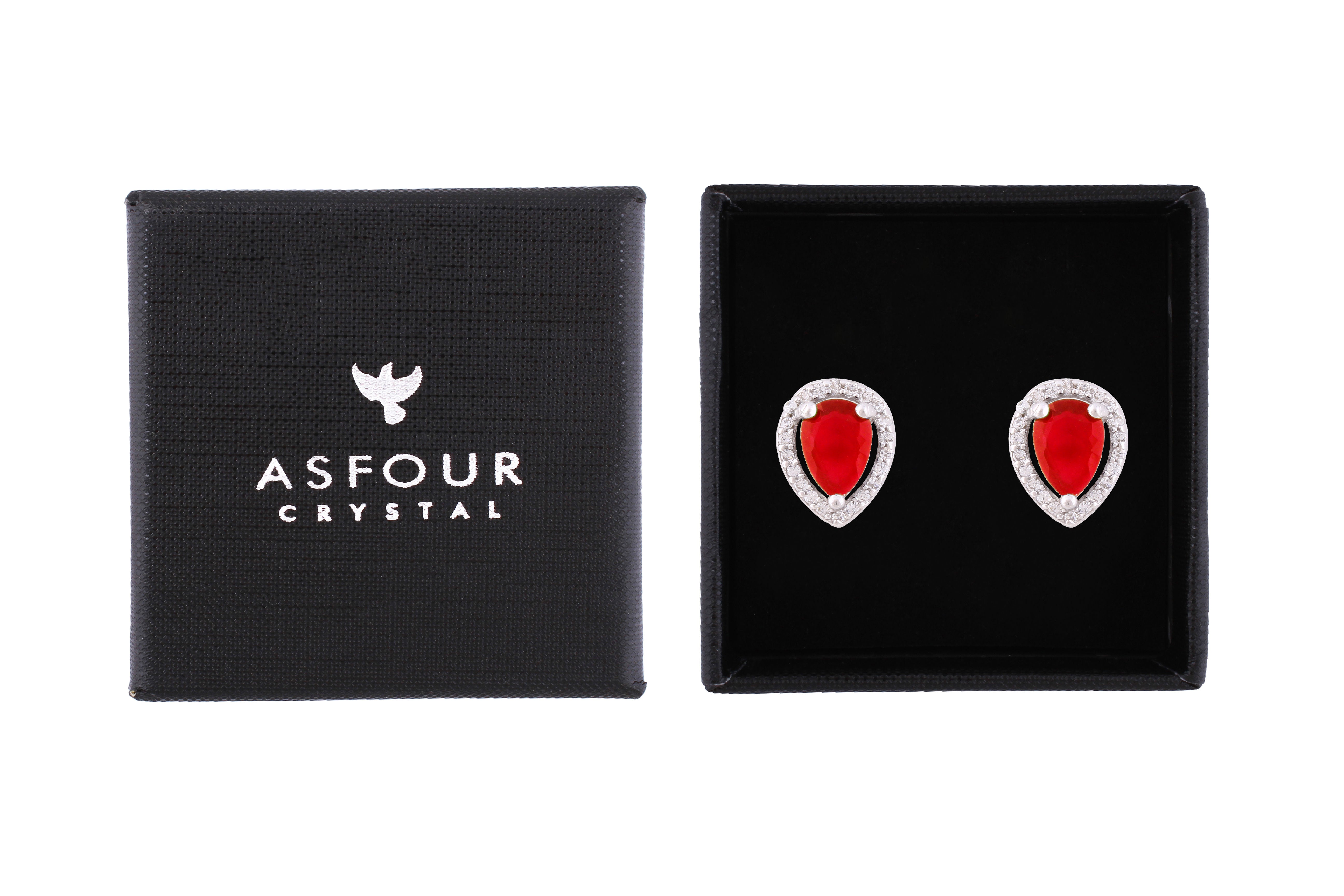 Asfour Crystal Stud Earrings With Ruby Pear Design In 925 Sterling Silver-EM0025-R