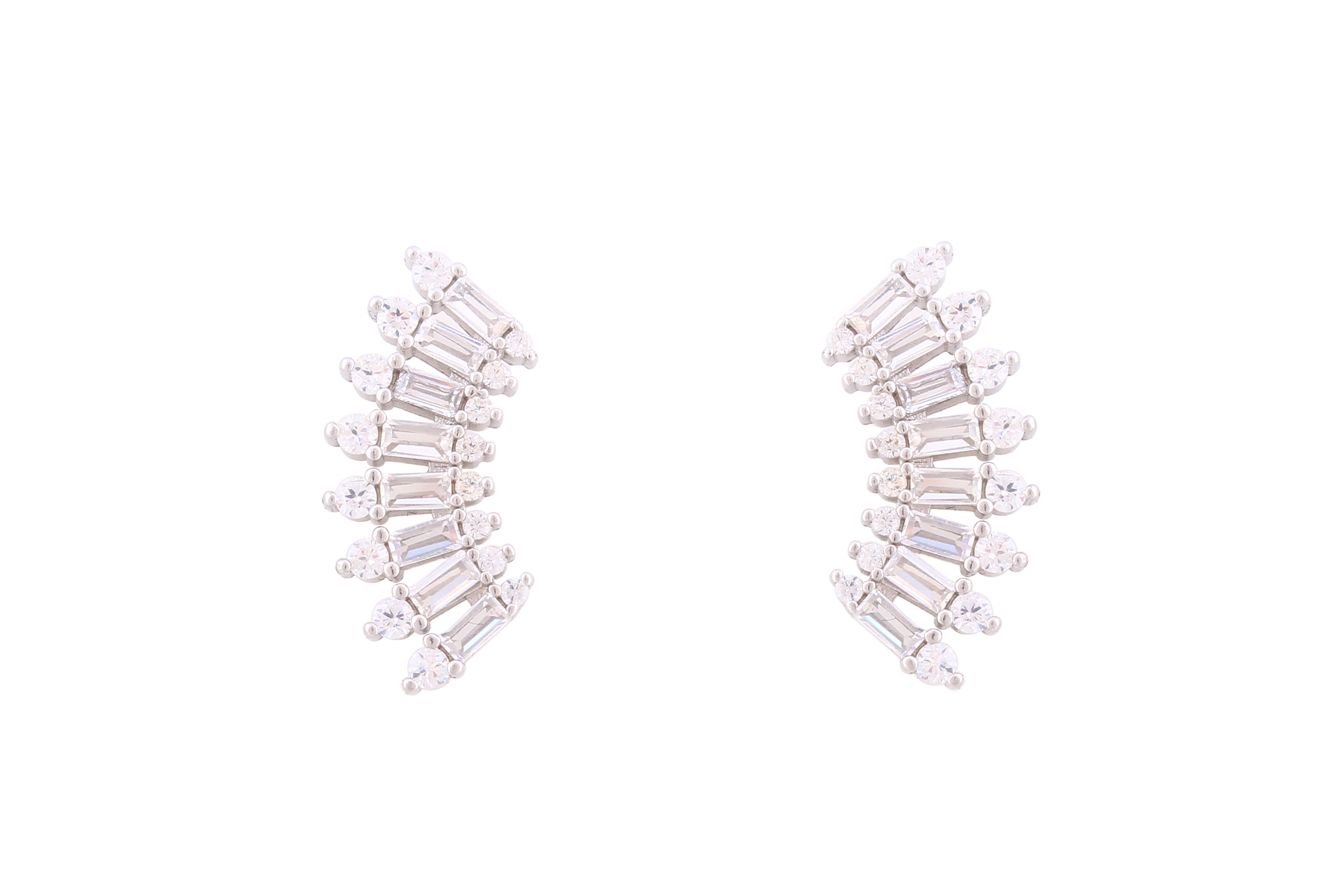 Asfour Crystal Stud Earrings With Curved Fan Design In 925 Sterling Silver-EM0031