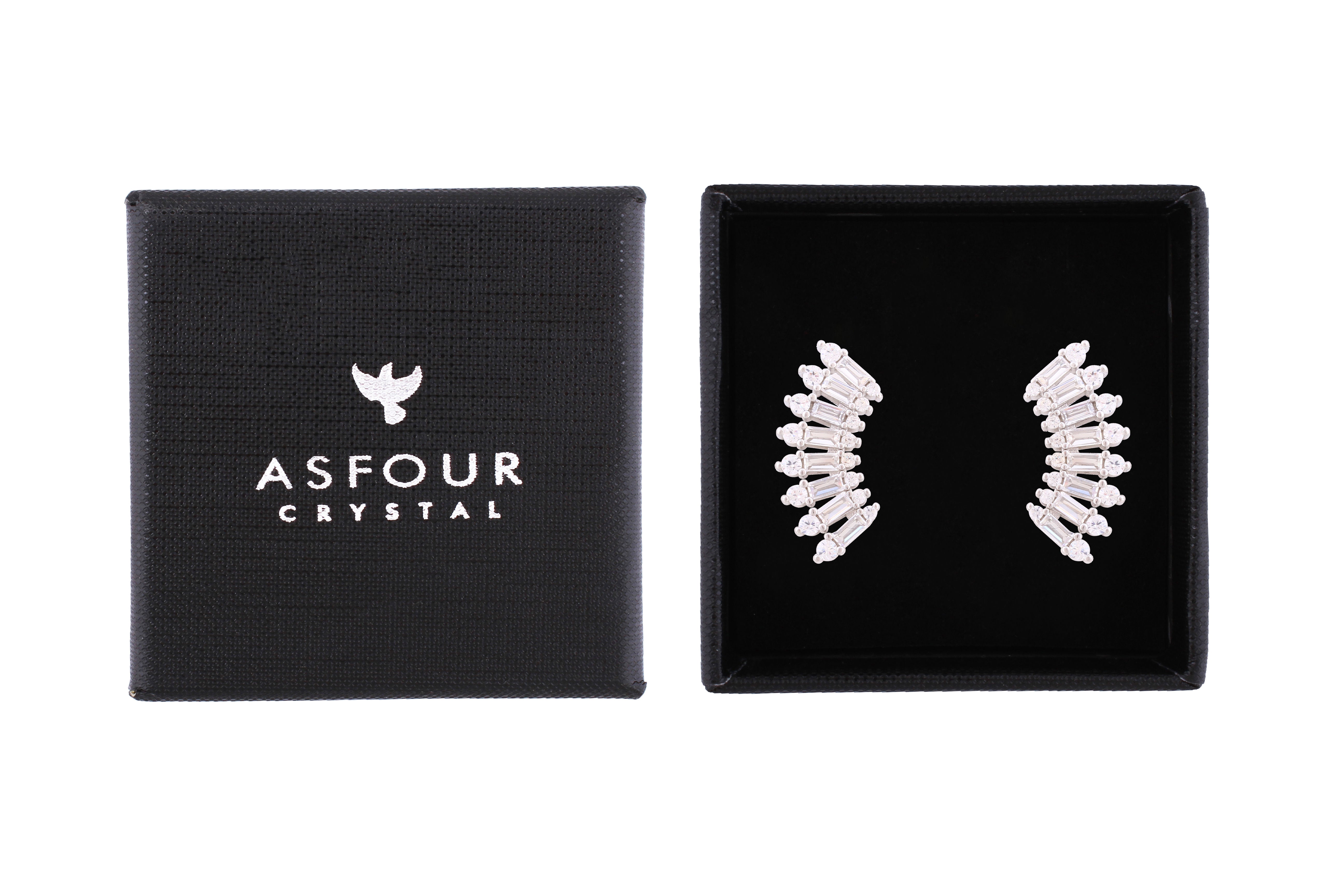 Asfour Crystal Stud Earrings With Curved Fan Design In 925 Sterling Silver-EM0031