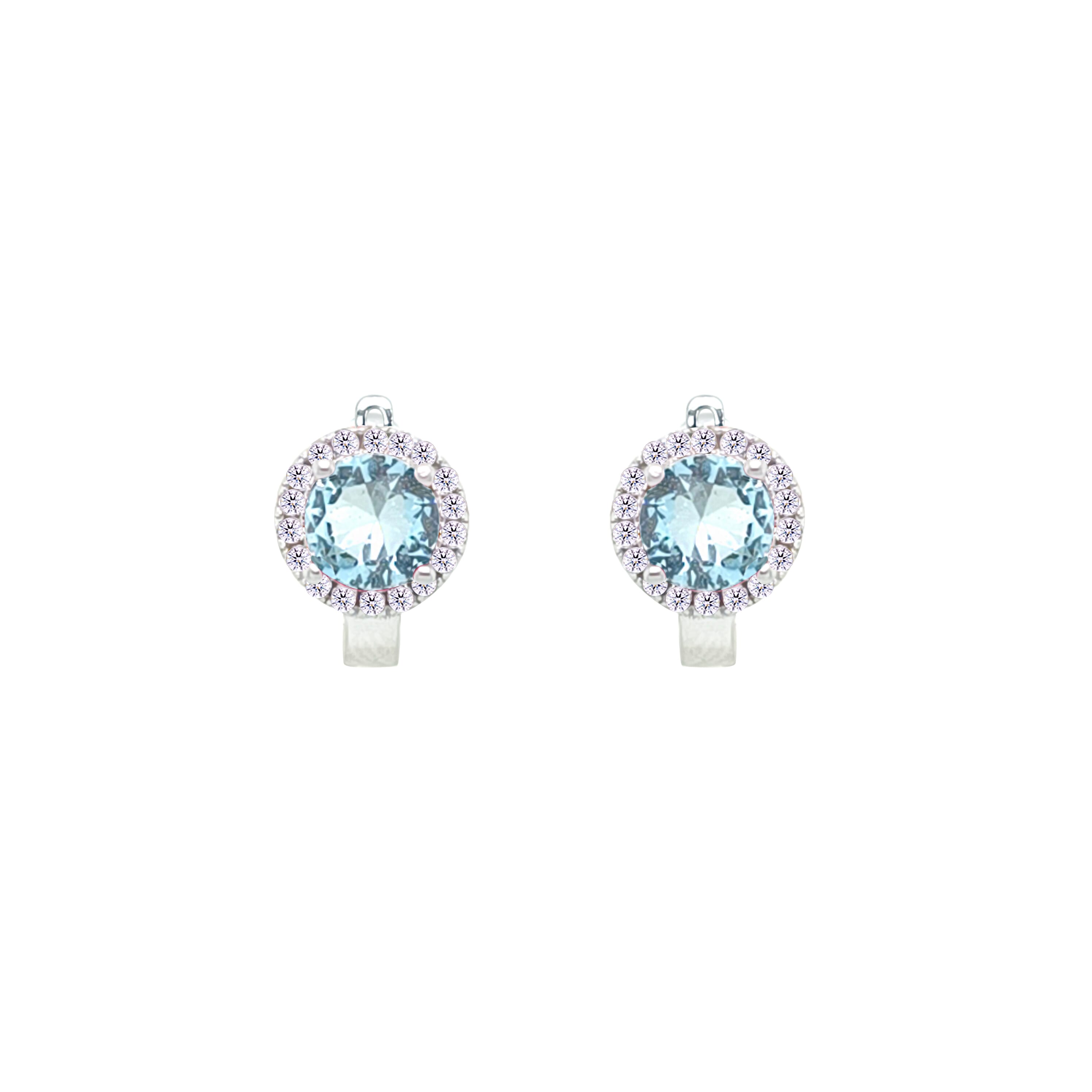 Asfour Crystal Hoop Earrings With Halo Turquoise Round Stone In 925 Sterling Silver-ED0124-GC
