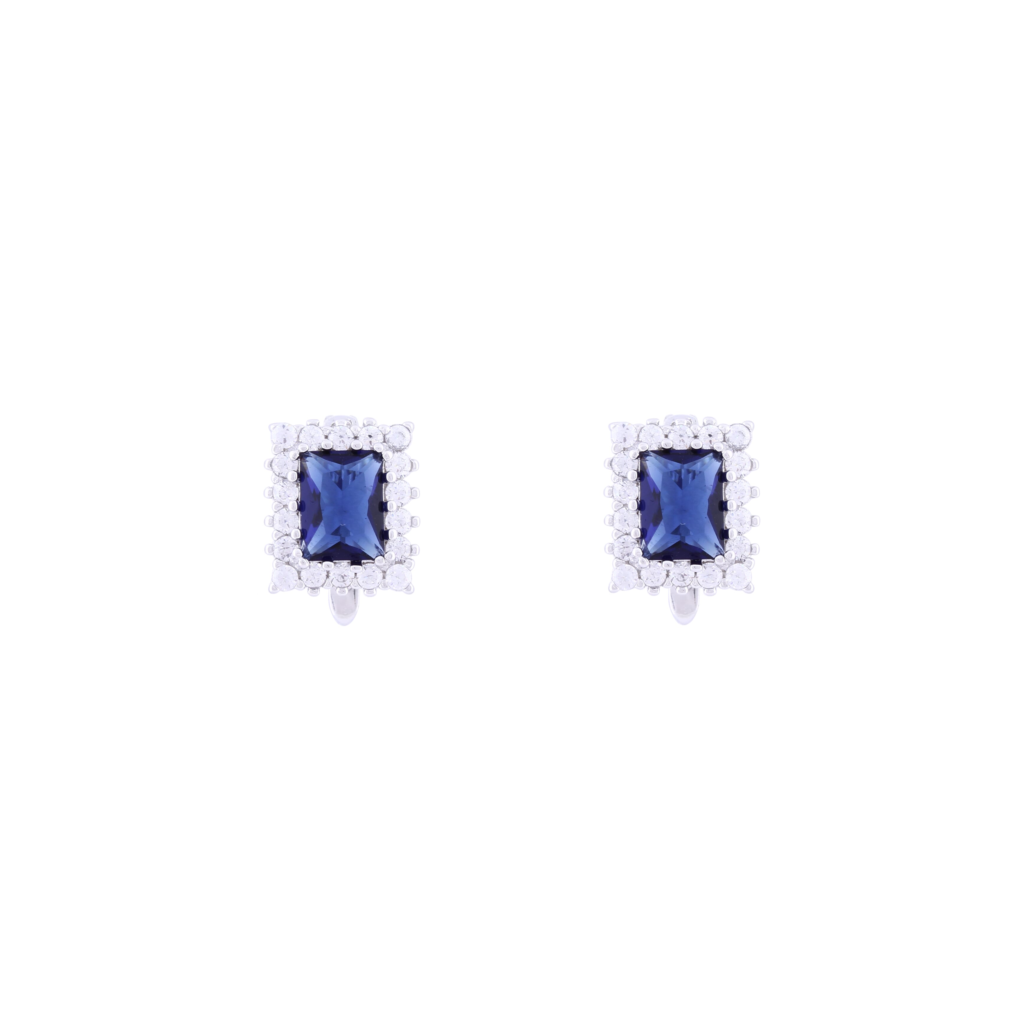 Asfour Crystal 925 Sterling Silver Clips Earrings with Blue Rectangle Design