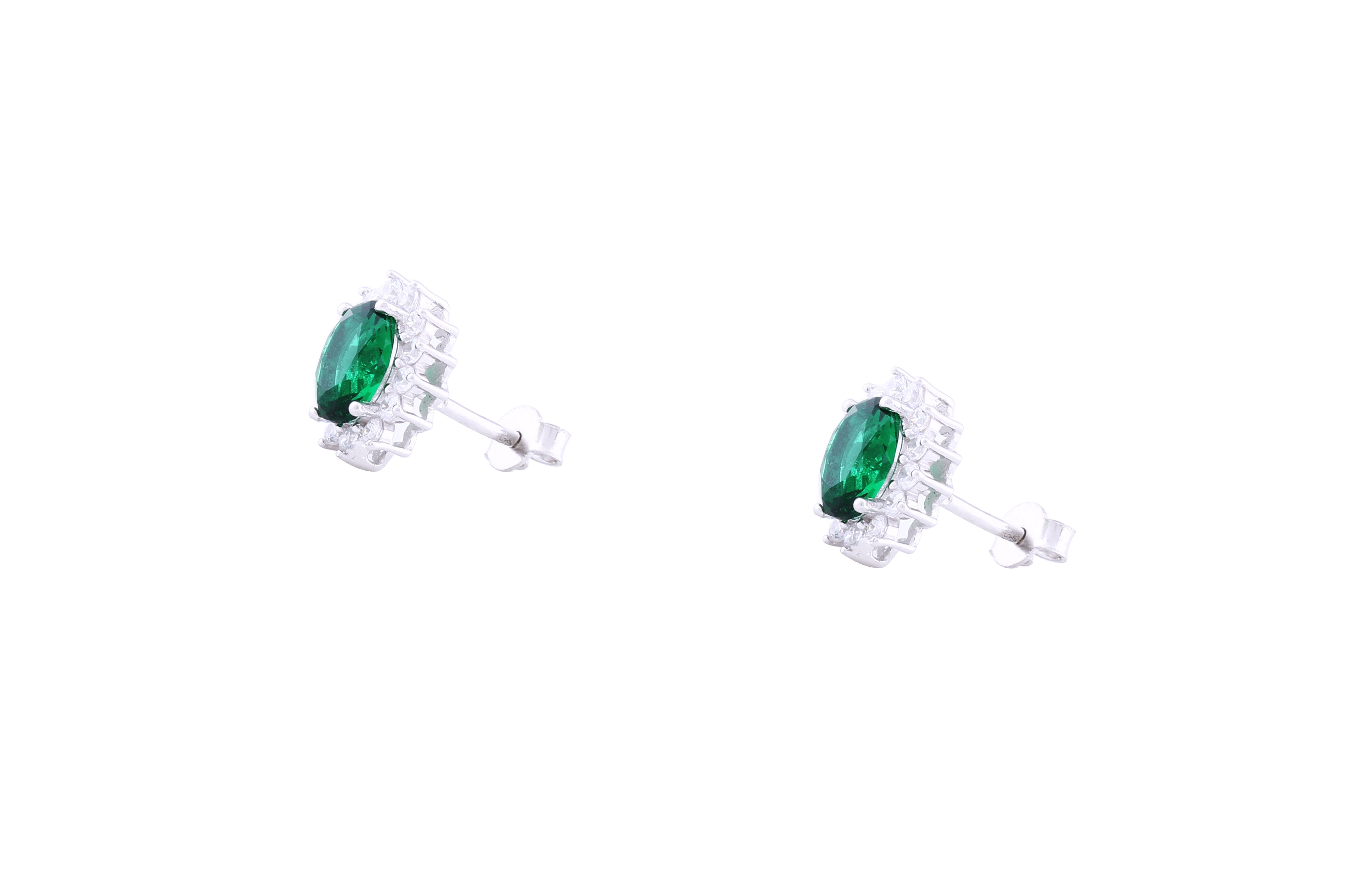 Asfour Crystal Stud Earrings inlaid with Green Oval Design in 925 Sterling Silver ER0367-G