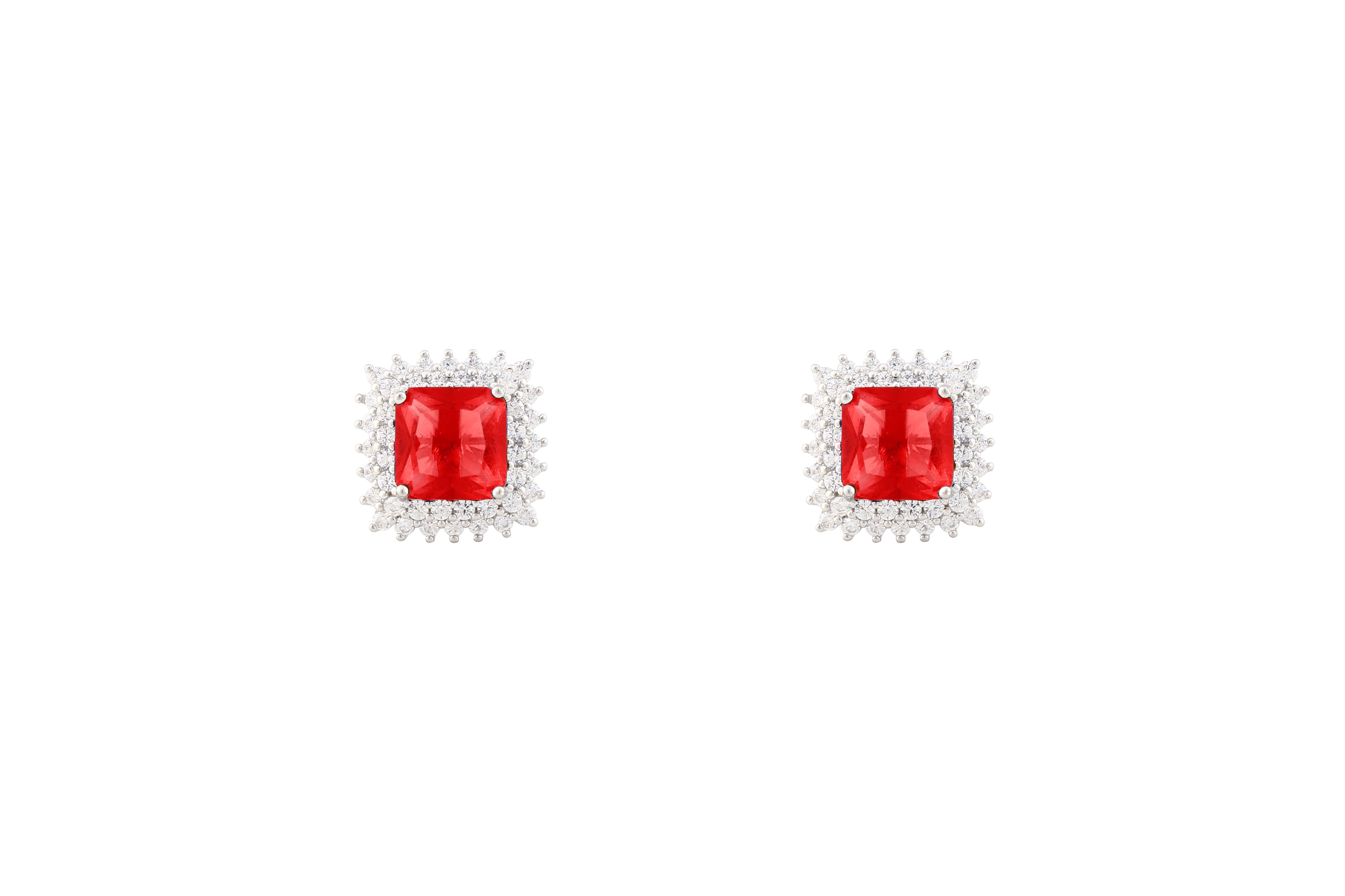 Asfour Crystal Halo Stud Earrings With Red Zircon Stone In 925 Sterling Silver ER0427-R