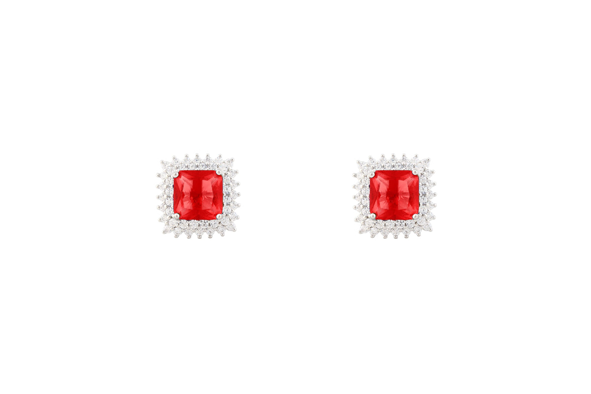 Asfour Crystal Halo Stud Earrings With Red Zircon Stone In 925 Sterling Silver ER0427-R