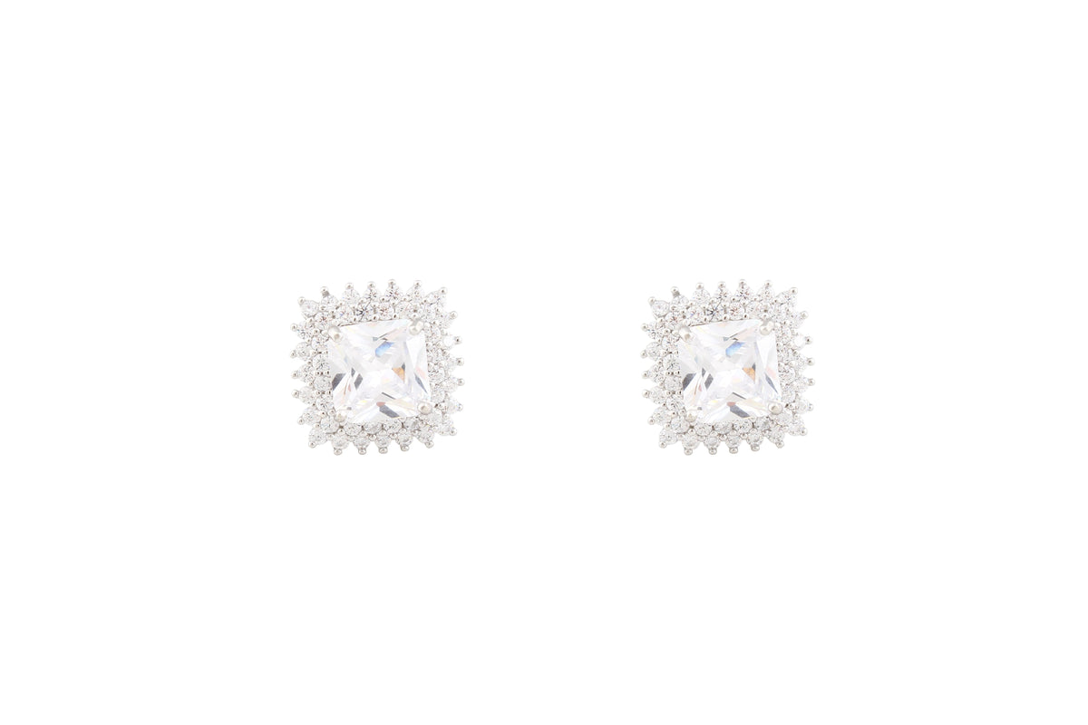 Asfour Crystal Halo Stud Earrings With Cushion Cut Zircon Stone In 925 Sterling Silver ER0427-W