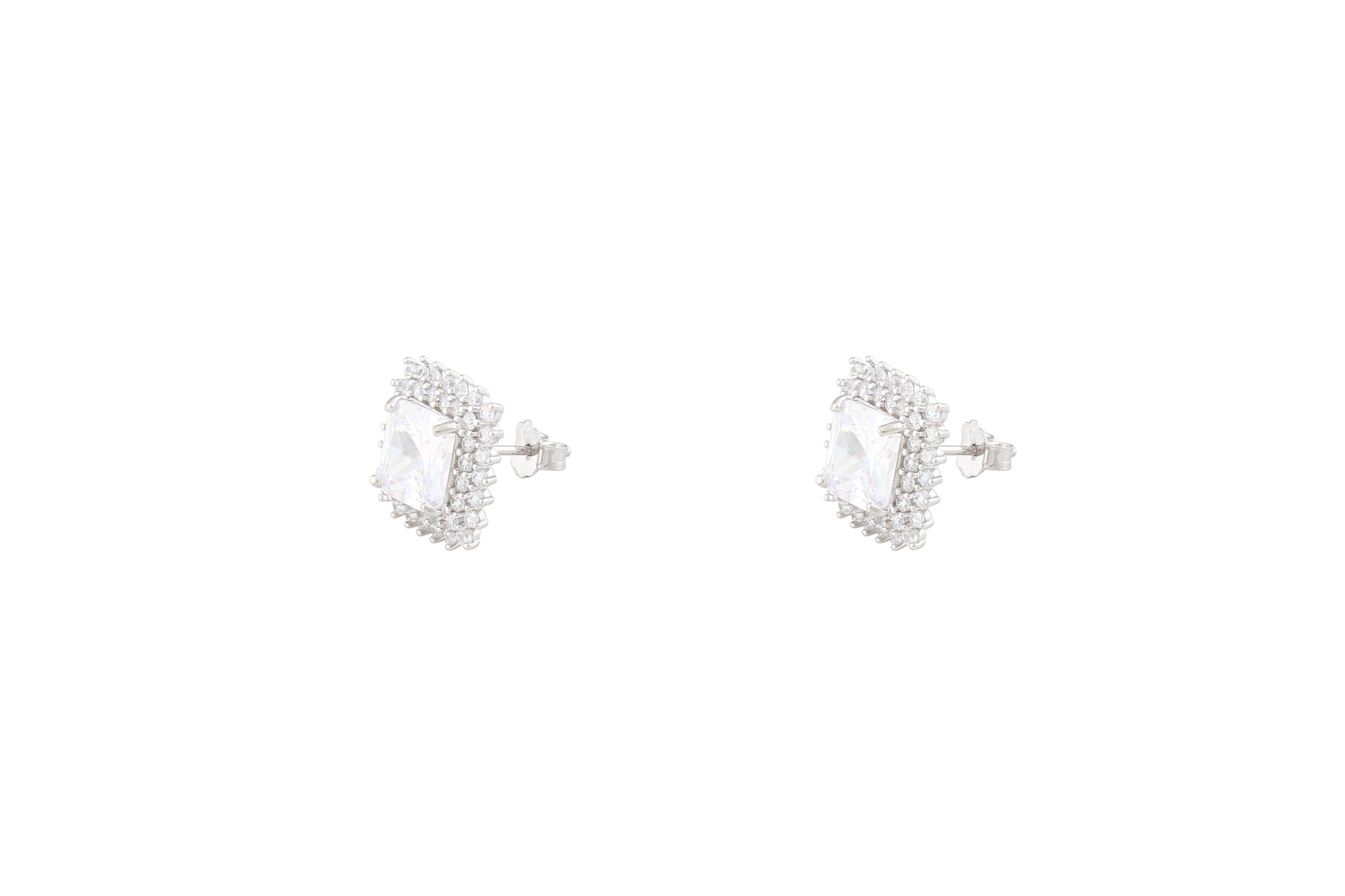 Asfour Crystal Halo Stud Earrings With Cushion Cut Zircon Stone In 925 Sterling Silver ER0427-W