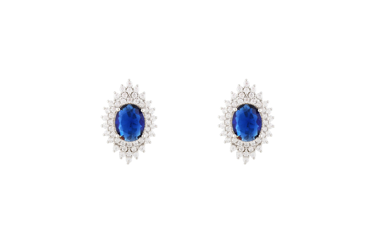 Asfour Crystal Halo Earrings With Blue Oval Design In 925 Sterling Silver ER0431-B