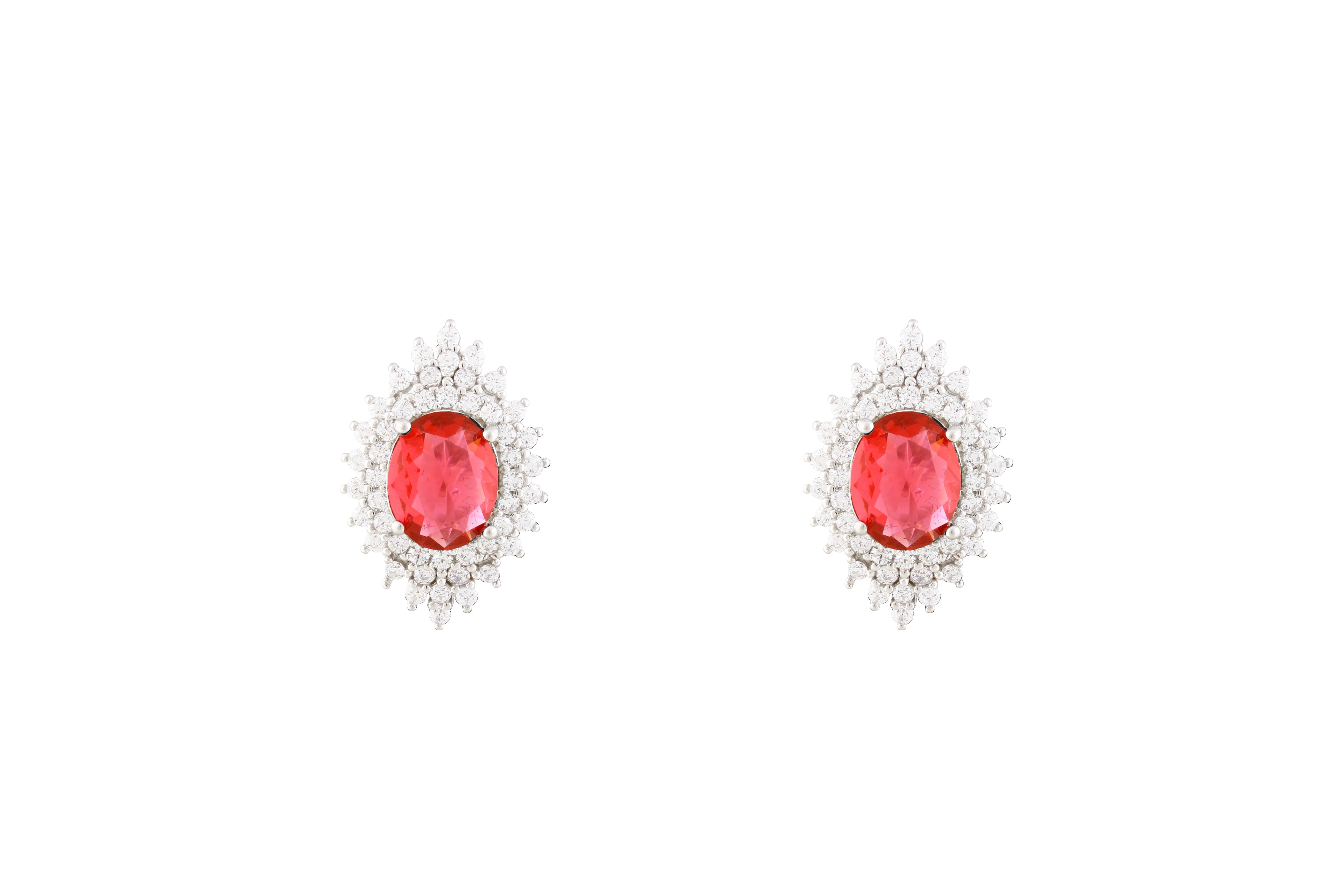 Asfour Crystal Halo Earrings With Fuchsia Oval Design In 925 Sterling Silver ER0431-F