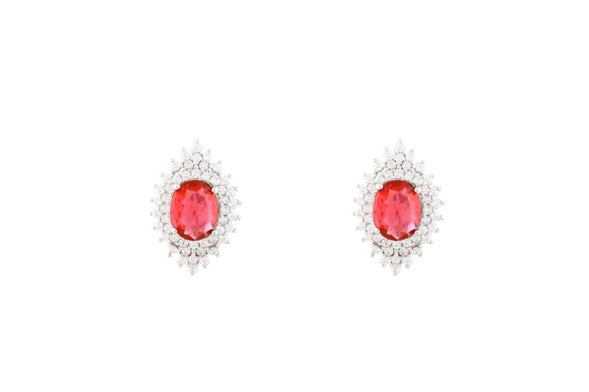 Asfour Crystal Halo Earrings With Fuchsia Oval Design In 925 Sterling Silver ER0431-F