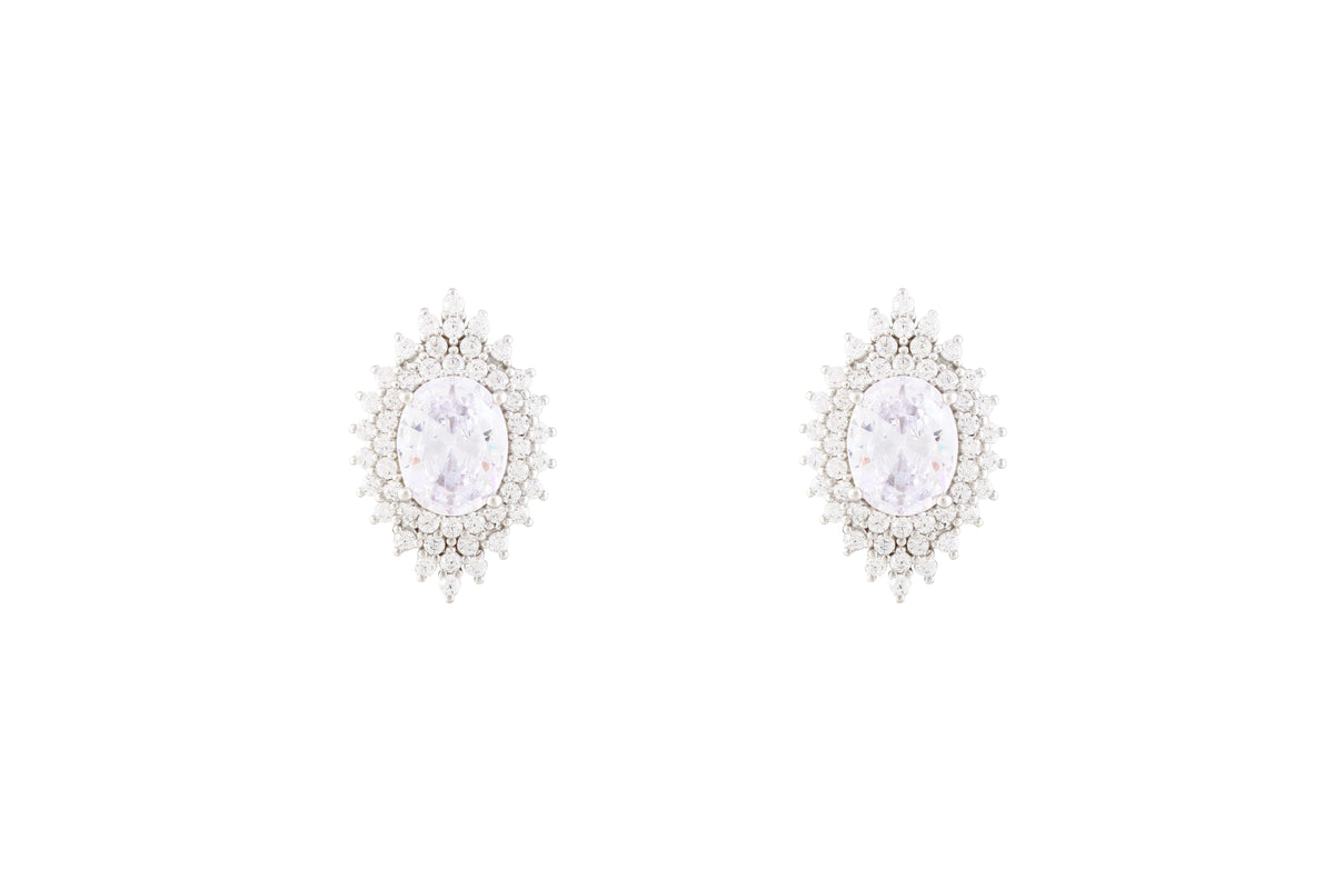 Asfour Crystal Halo Earrings With Cluster Oval Design In 925 Sterling Silver ER0431-W