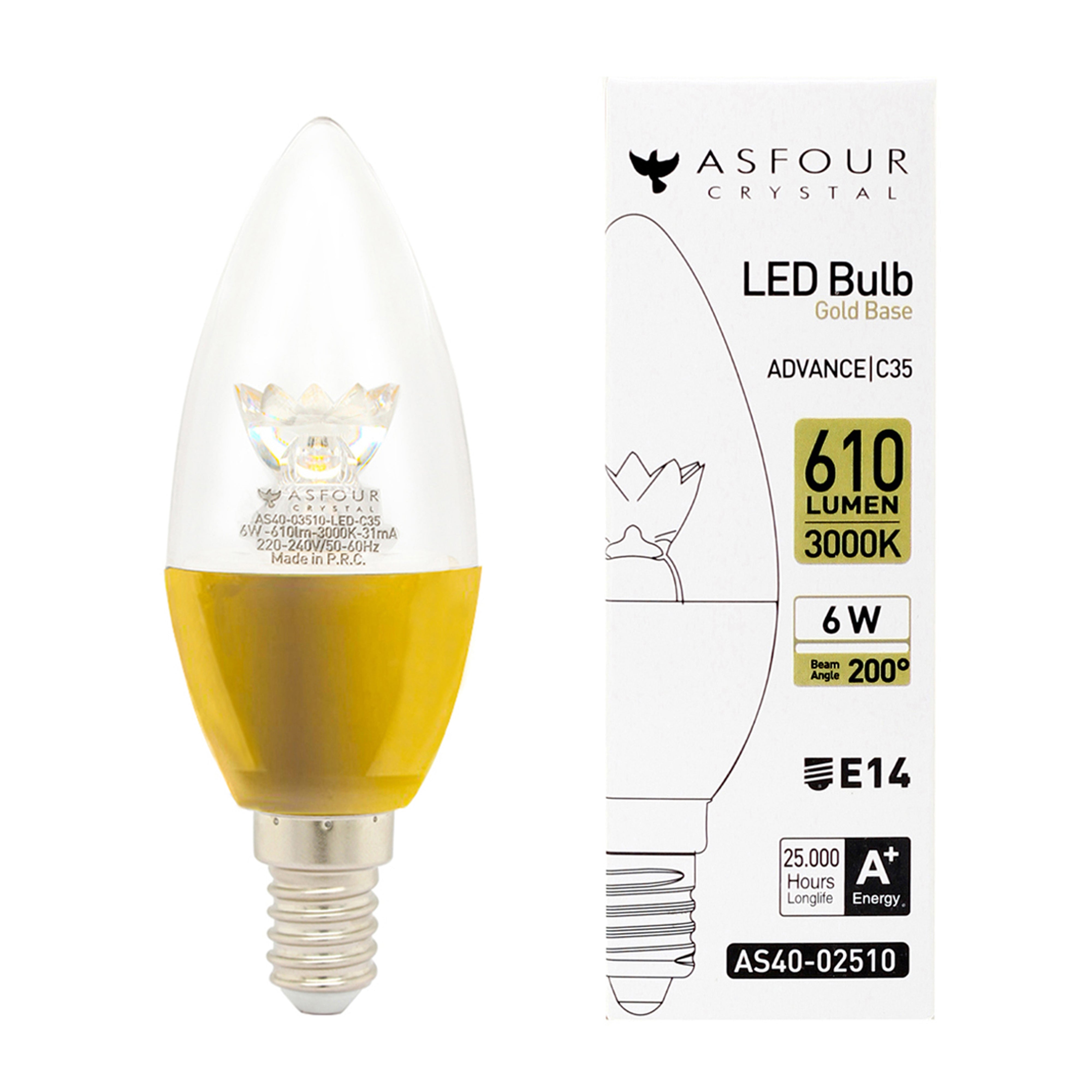 Asfour Transparent Led Filament Bulb E14 - Warm Light - 6W With Lens and Gold Base (Energy Saver)