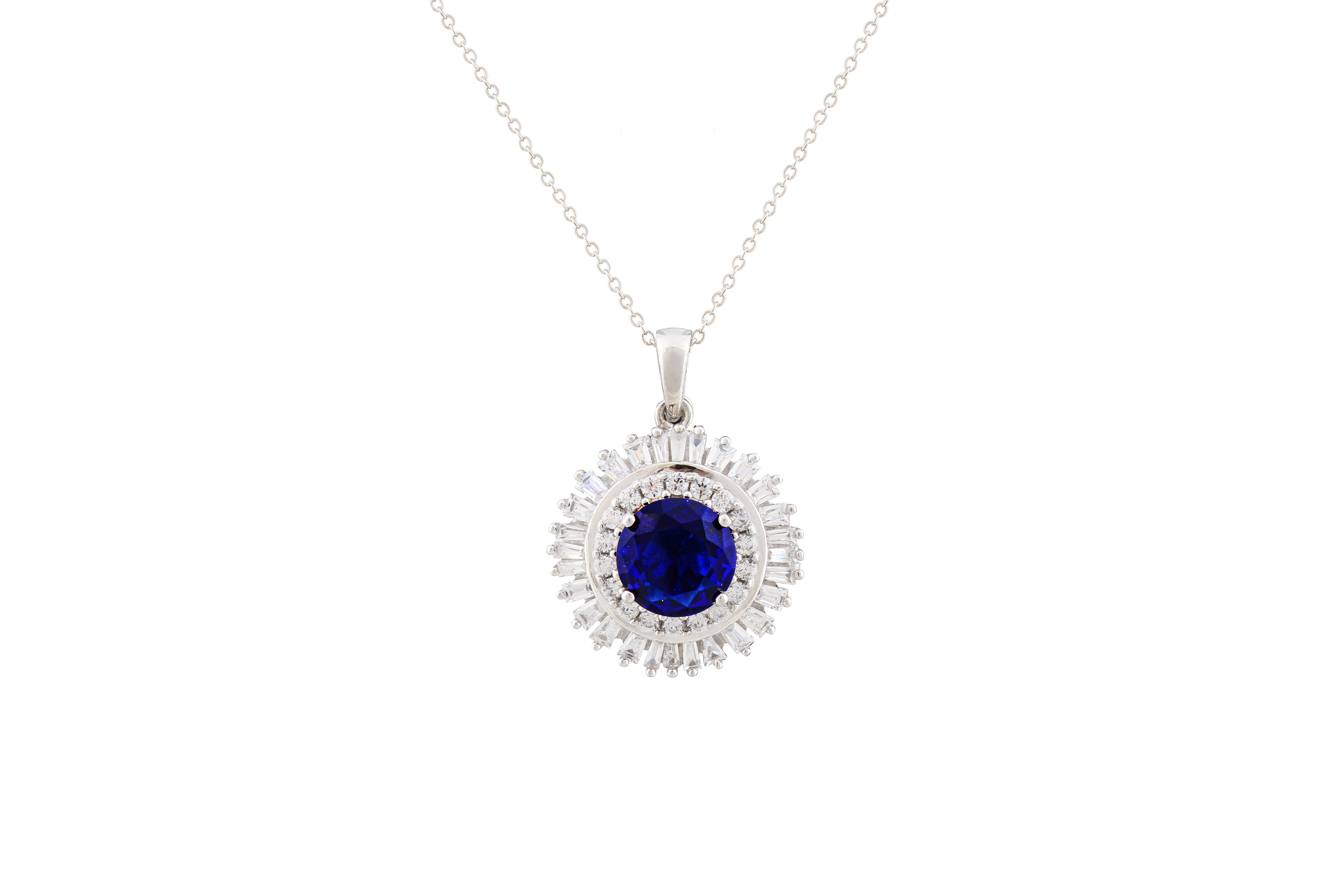 Asfour Crystal Chain Necklace With Blue Round Pendant In 925 Sterling Silver NA0002-WB