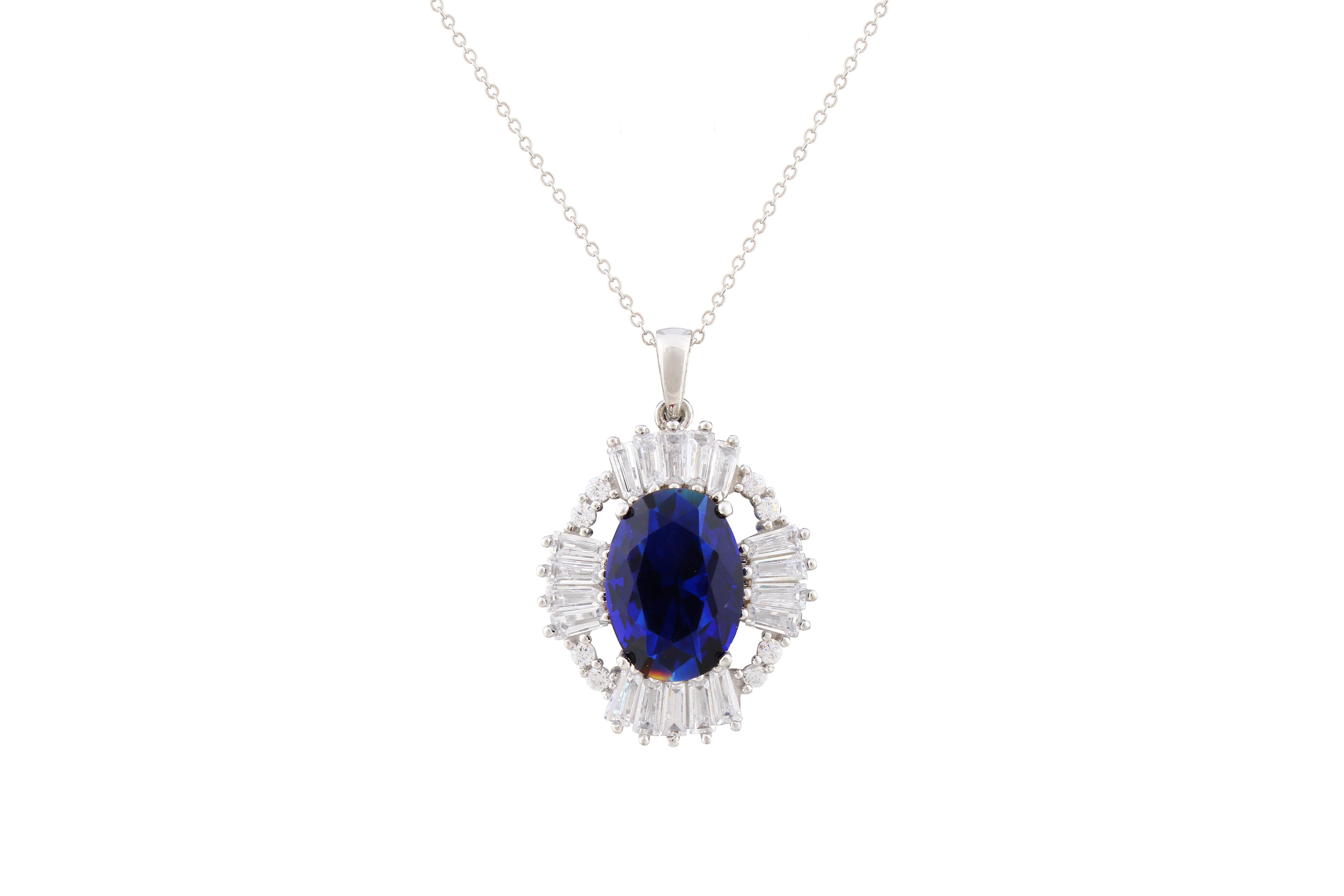 Asfour Crystal Chain Necklace With Blue Oval Pendant In 925 Sterling Silver NA0003-WB