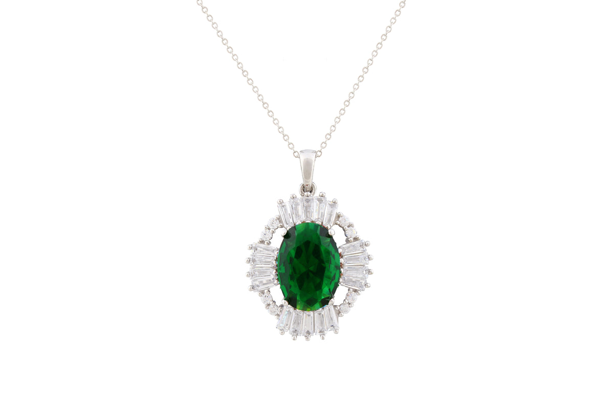 Asfour Crystal Chain Necklace With Green Oval Pendant In 925 Sterling Silver NA0003-WG