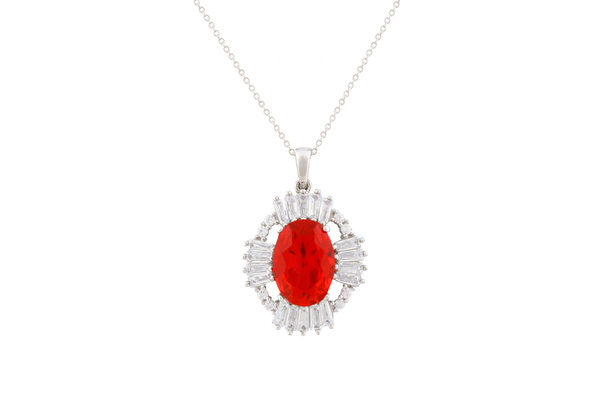 Asfour Crystal Chain Necklace With Red Oval Pendant In 925 Sterling Silver NA0003-WR