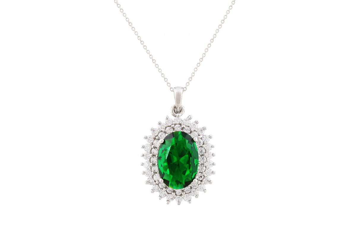 Asfour Crystal Chain Necklace With Green Oval Pendant In 925 Sterling Silver NA0004-WG