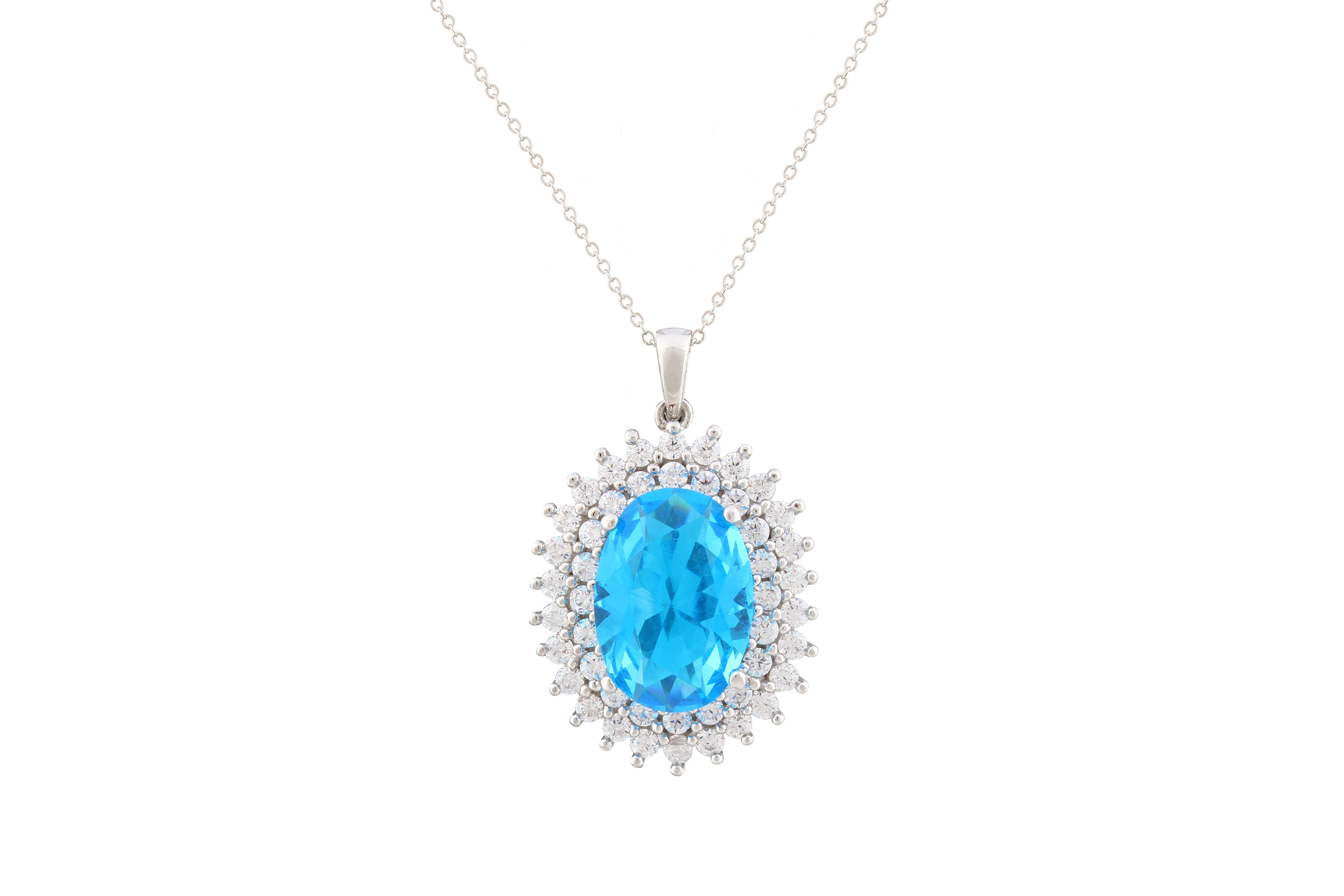 Asfour Crystal Chain Necklace With Aquamarine Oval Pendant In 925 Sterling Silver NA0004-WM