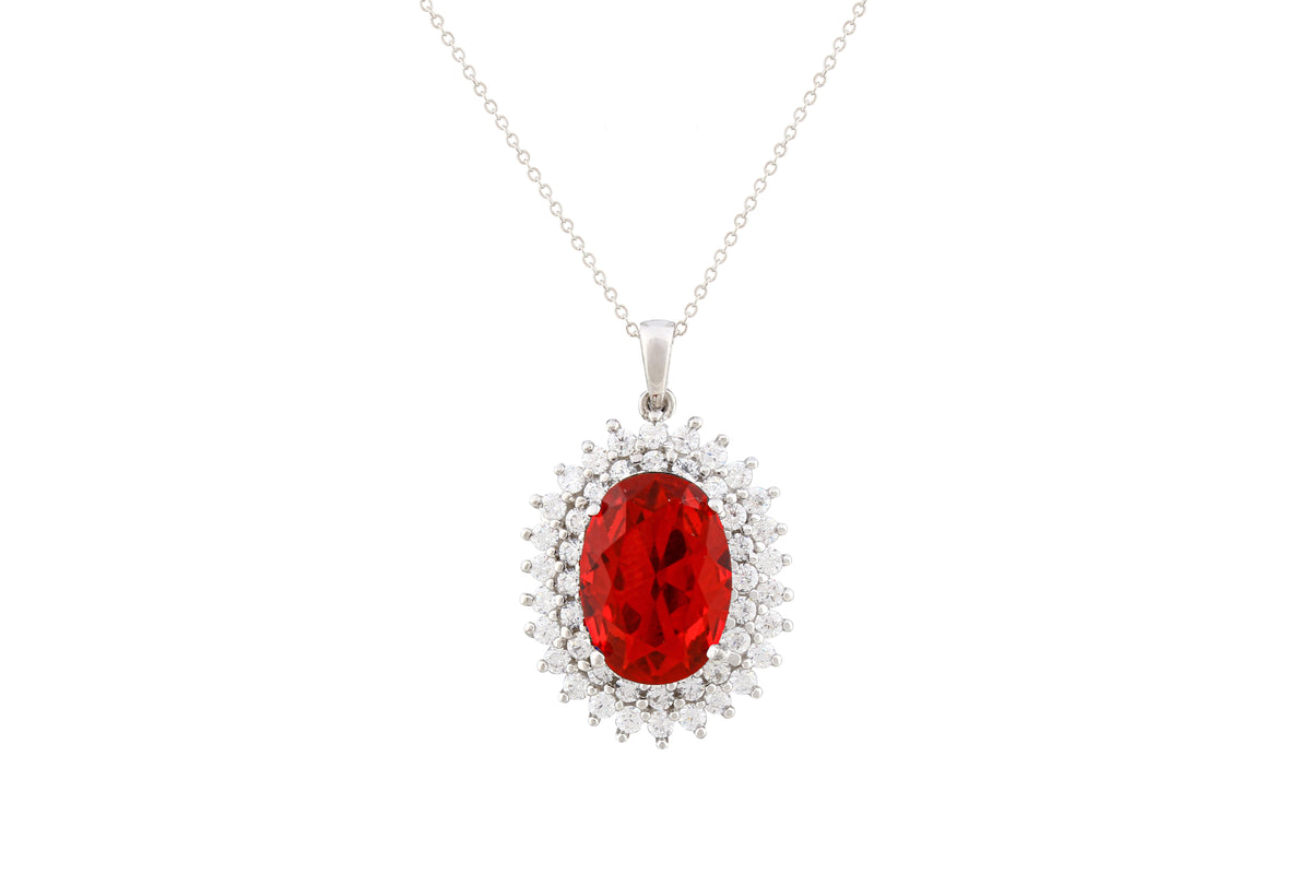 Asfour Crystal Chain Necklace With Red Oval Pendant In 925 Sterling Silver NA0004-WR