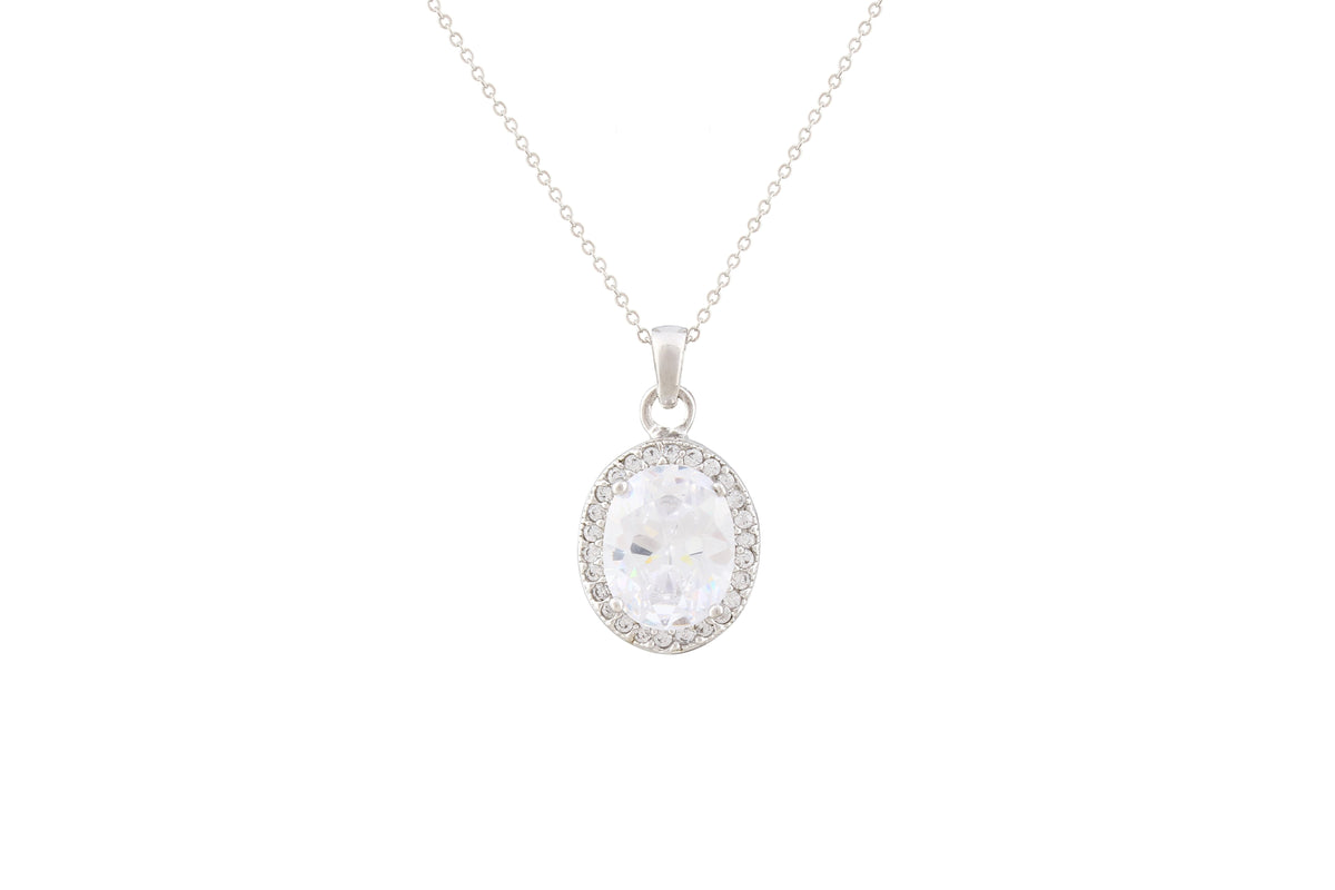 Asfour Crystal Chain Necklace With Oval Pendant Inlaid With Zircon In 925 Sterling Silver NA0005-W