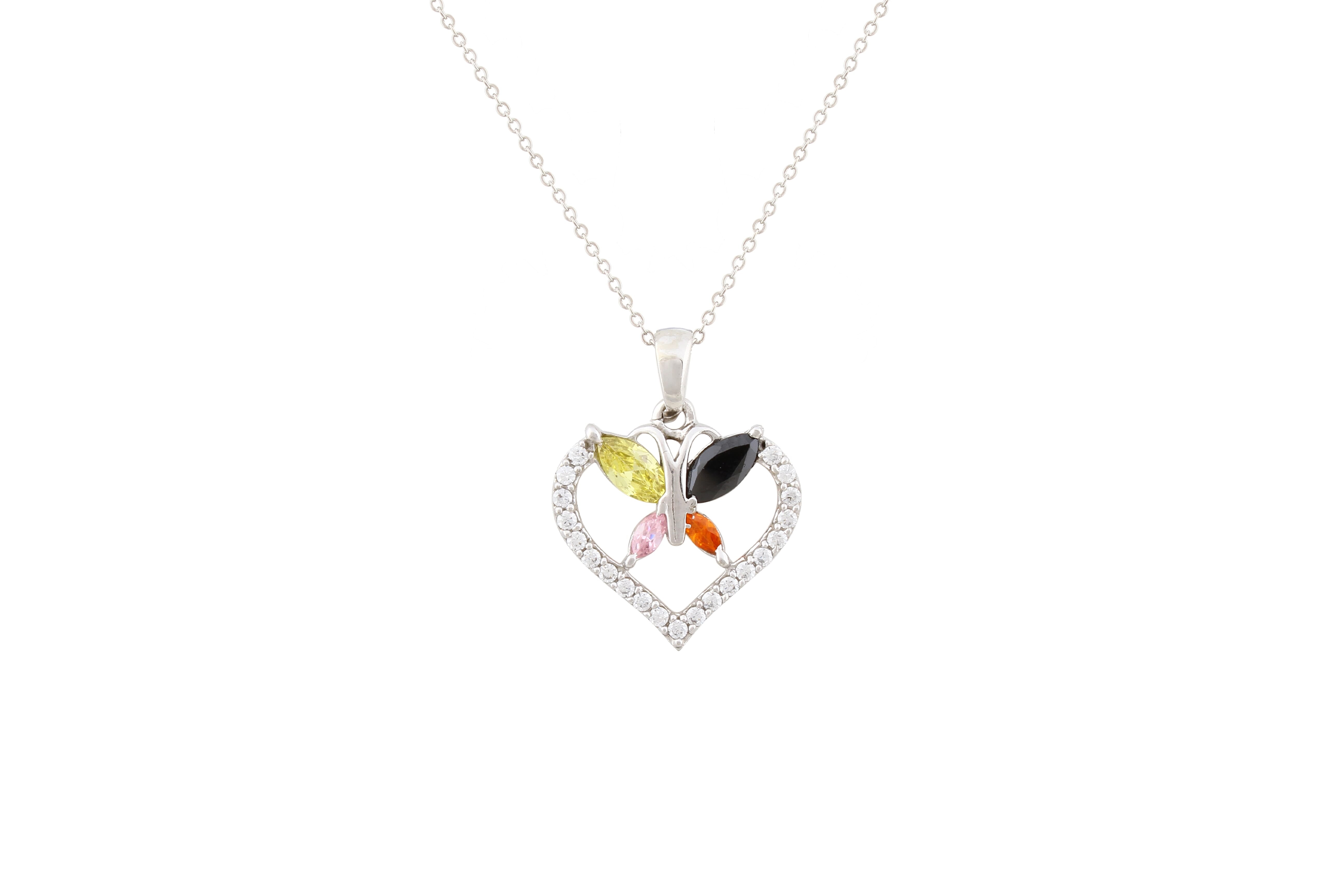 Asfour Crystal Chain Necklace With Multi Color Heart Pendant In 925 Sterling Silver NA0006-K