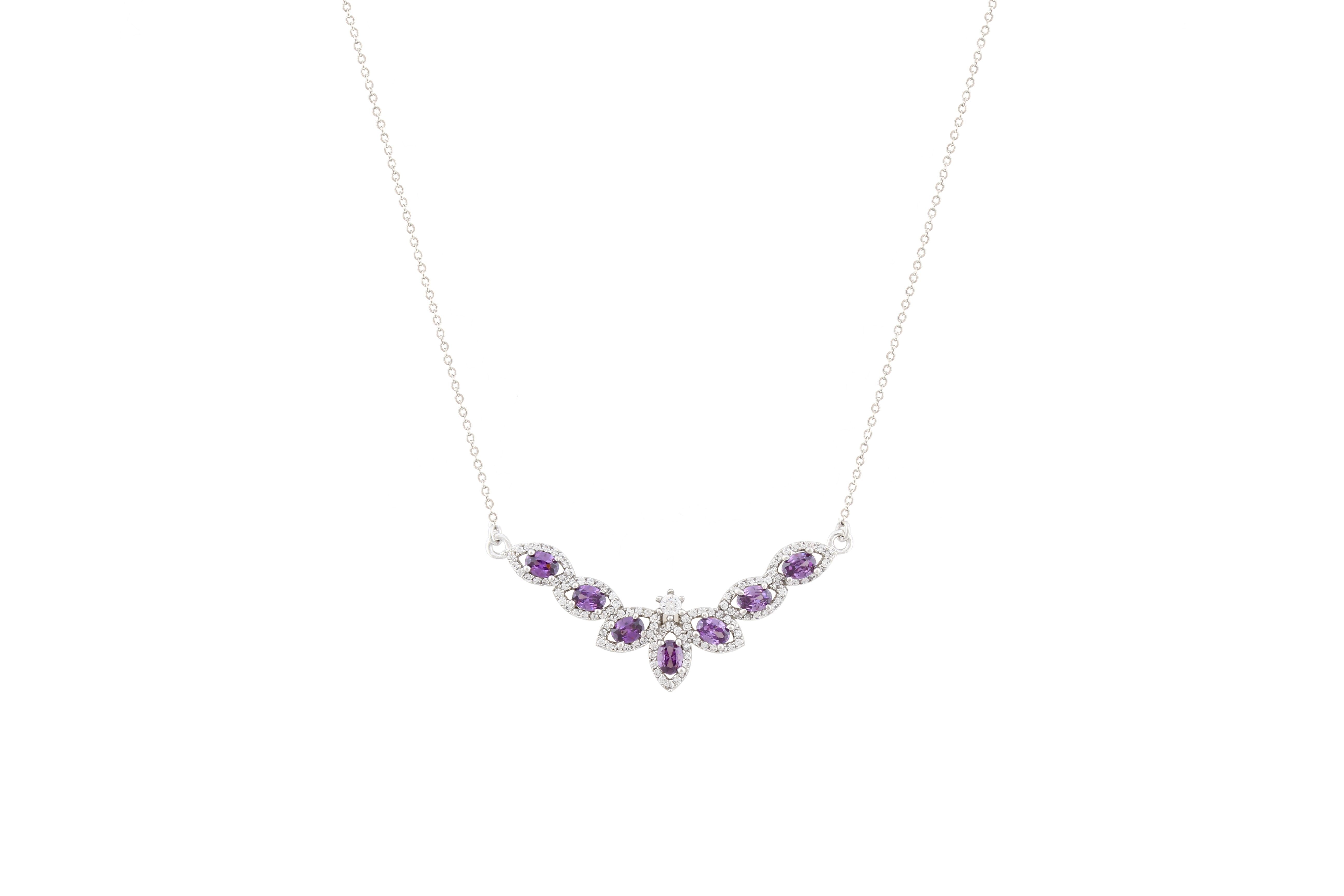 Asfour Crystal Chain Necklace With Tenzanite V Design Inlaid With Zircon In 925 Sterling Silver NA0007-N