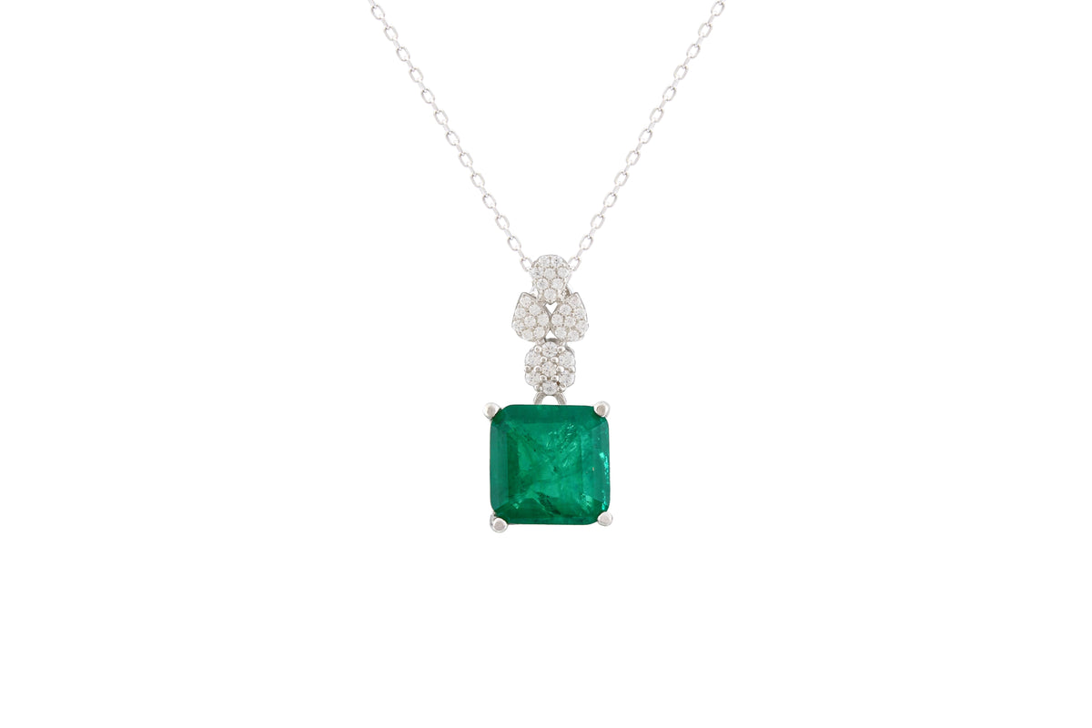 Asfour Crystal Chain Necklace With Asscher Emerald Zircon Stone In 925 Sterling Silver ND0038-G