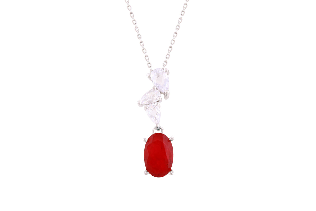 Asfour Crystal Chain Necklace With Decorative Ruby Oval Pendant In 925 Sterling Silver-ND0040-F