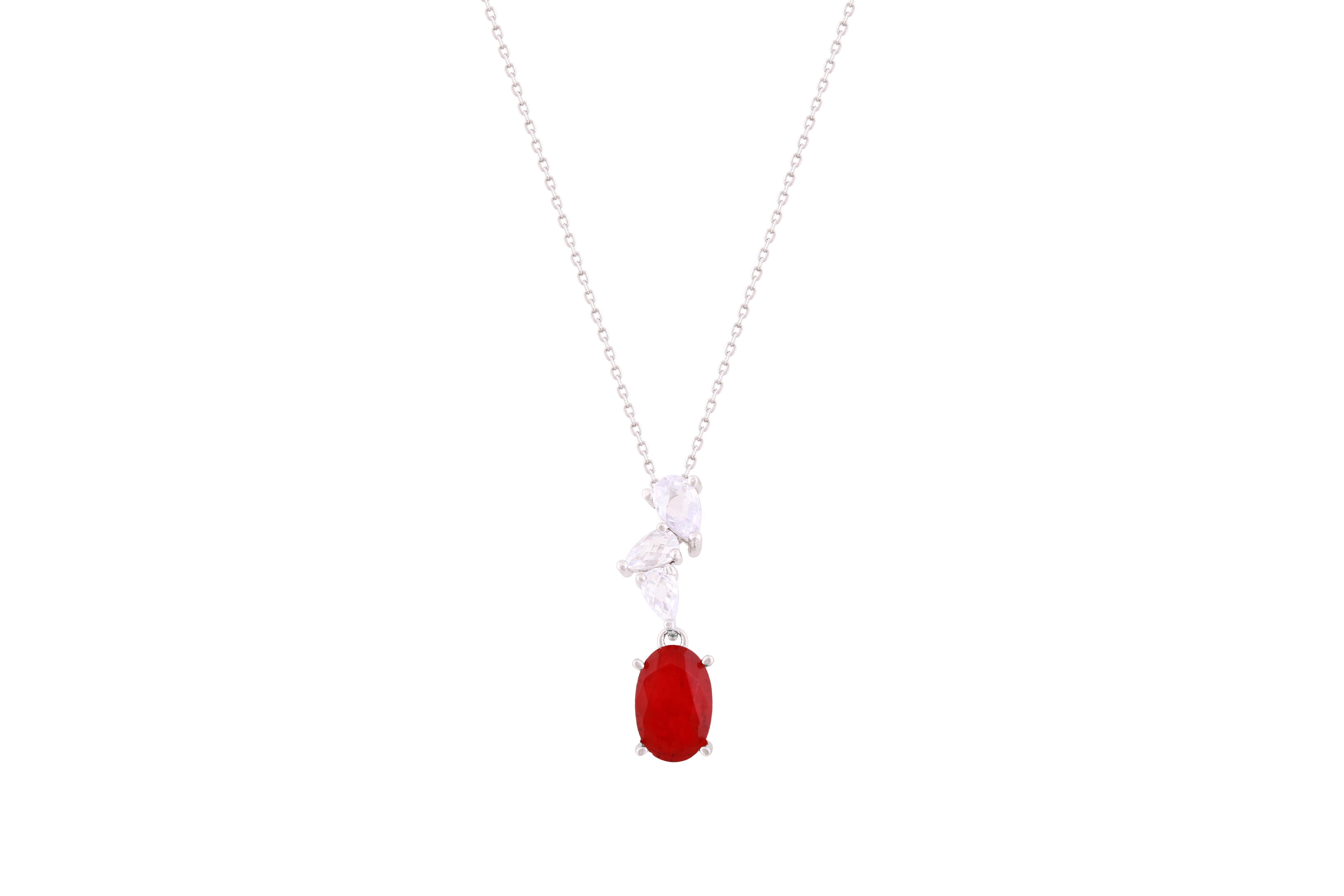 Asfour Crystal Chain Necklace With Decorative Ruby Oval Pendant In 925 Sterling Silver-ND0040-F