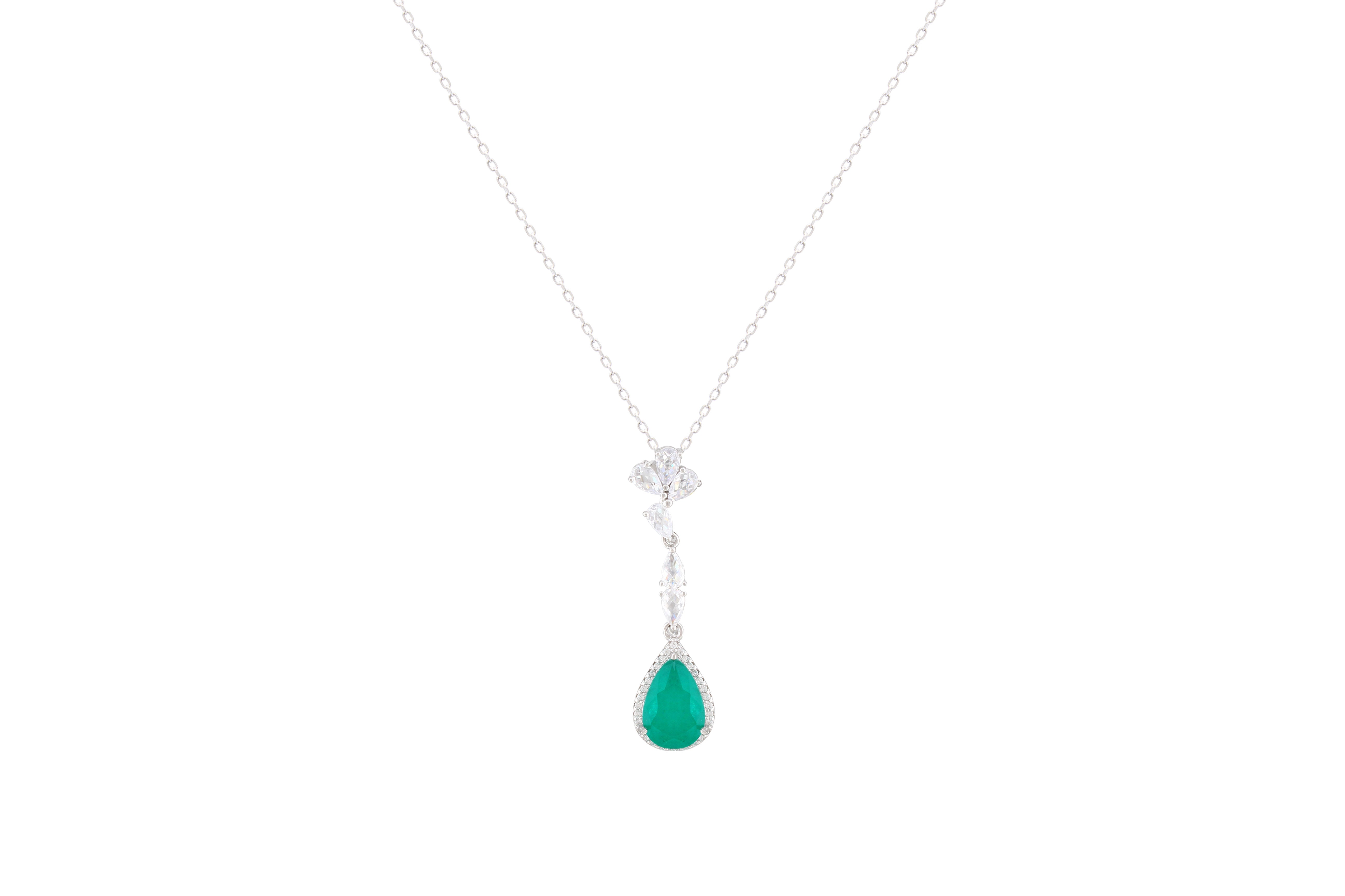 Asfour Crystal Chain Necklace With Emerald Pear Zircon Pendant In 925 Sterling Silver ND0043-G