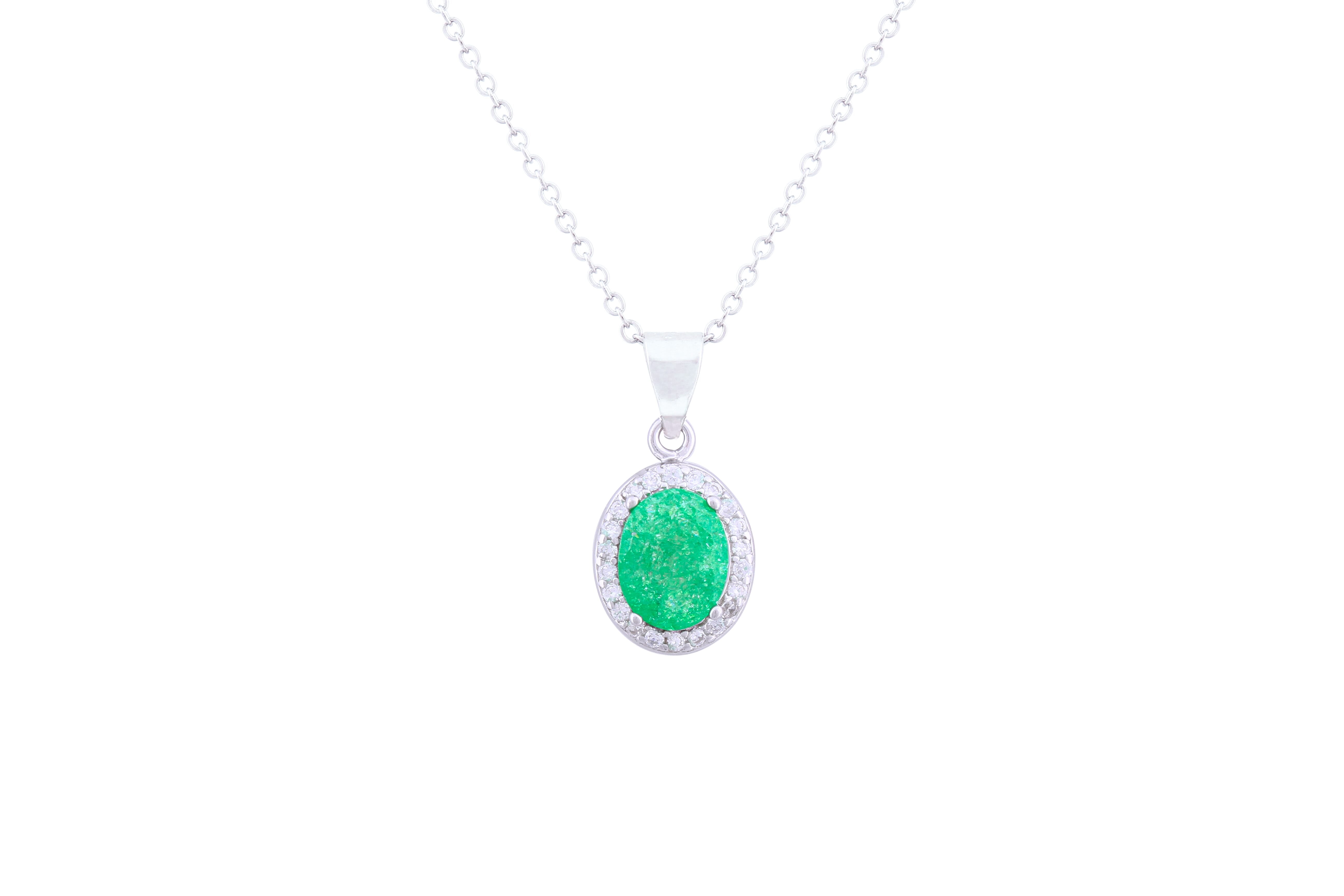 Asfour Crystal Chain Necklace With Emerald Oval Pendant In 925 Sterling Silver ND0095-G-A