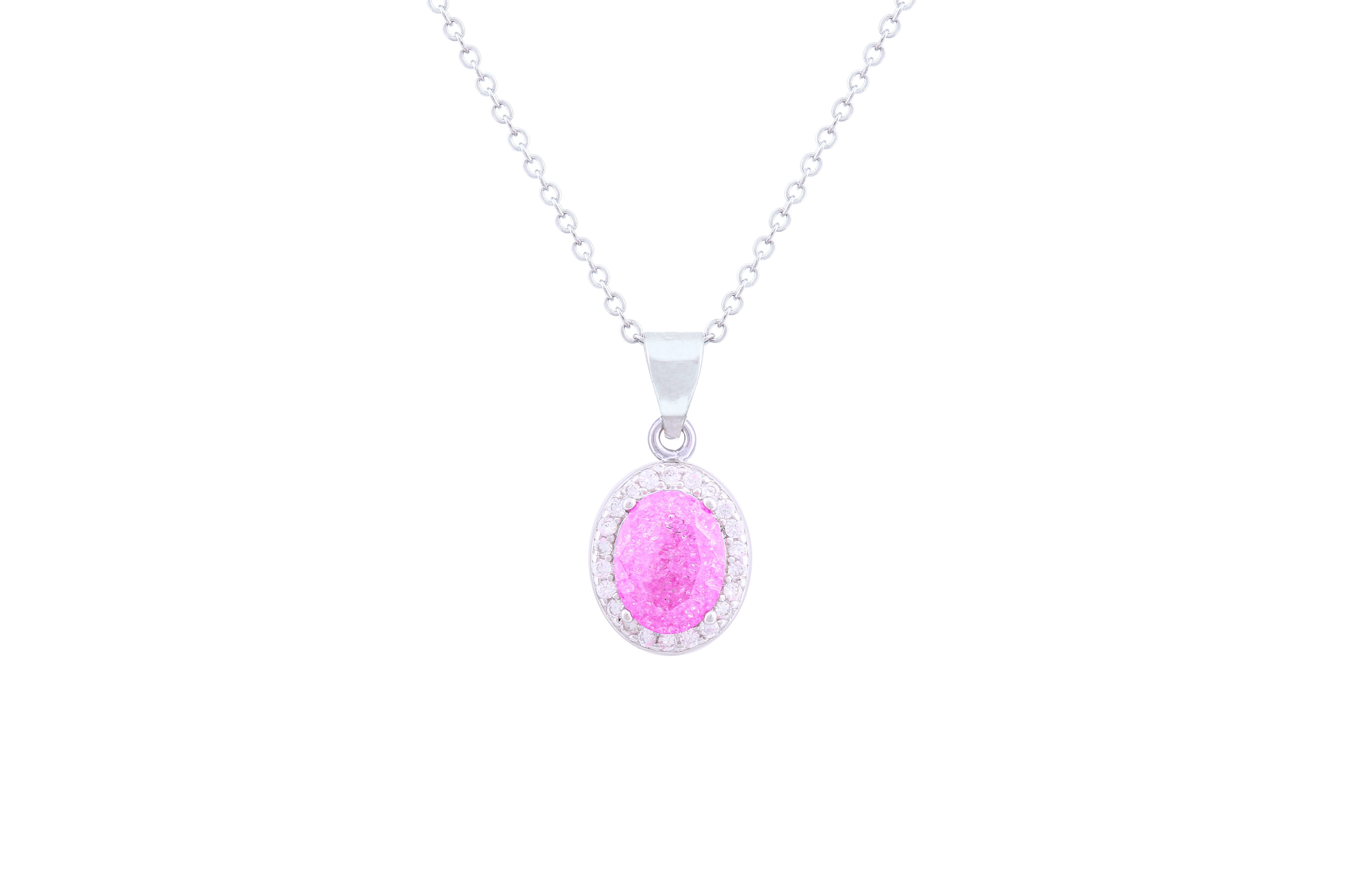 Asfour Crystal Chain Necklace With Rose Oval Pendant In 925 Sterling Silver ND0095-O-A