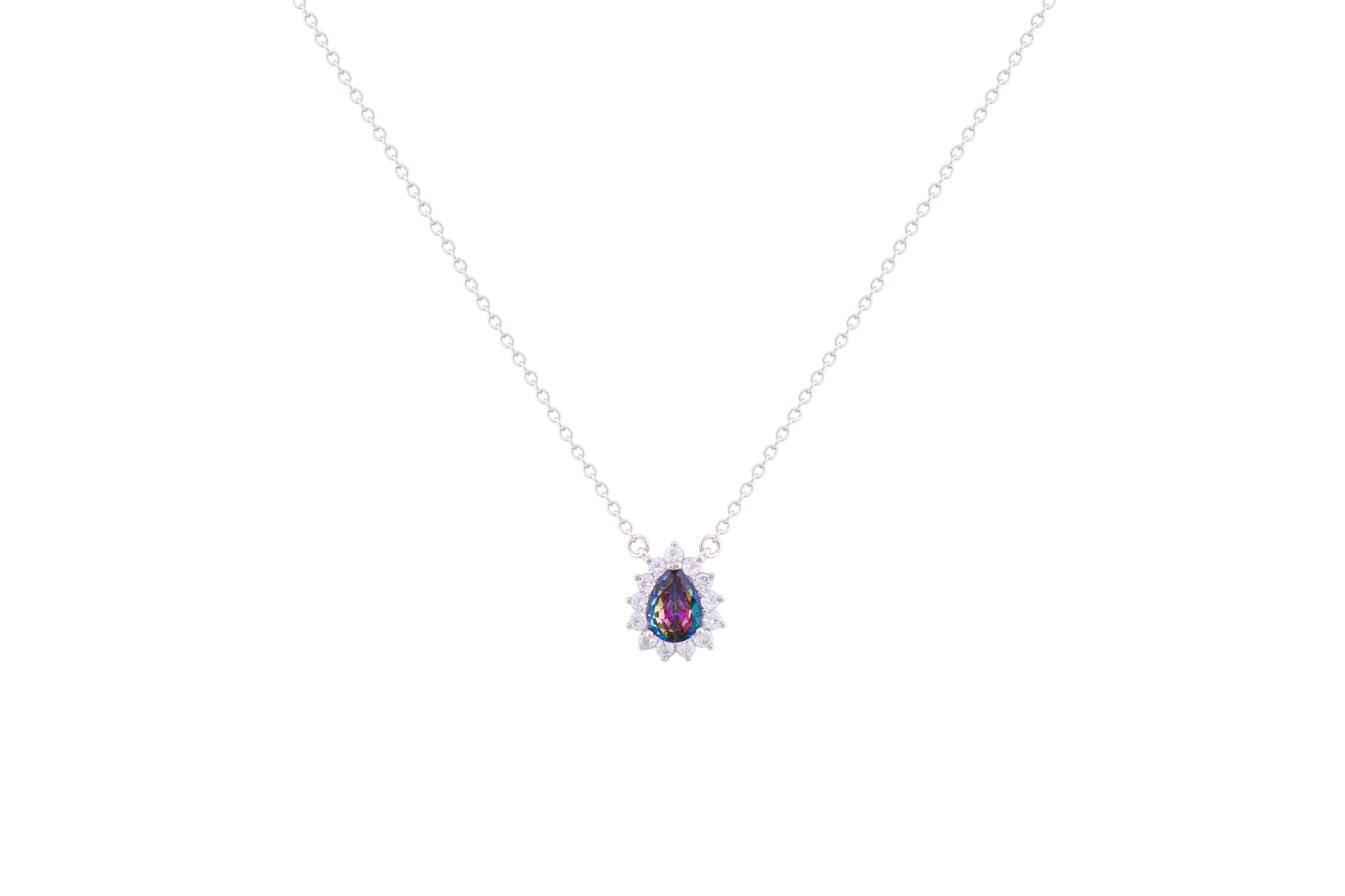 Asfour Crystal Chain Necklace With Multi Color Pear Pendant In 925 Sterling Silver ND0098-AP