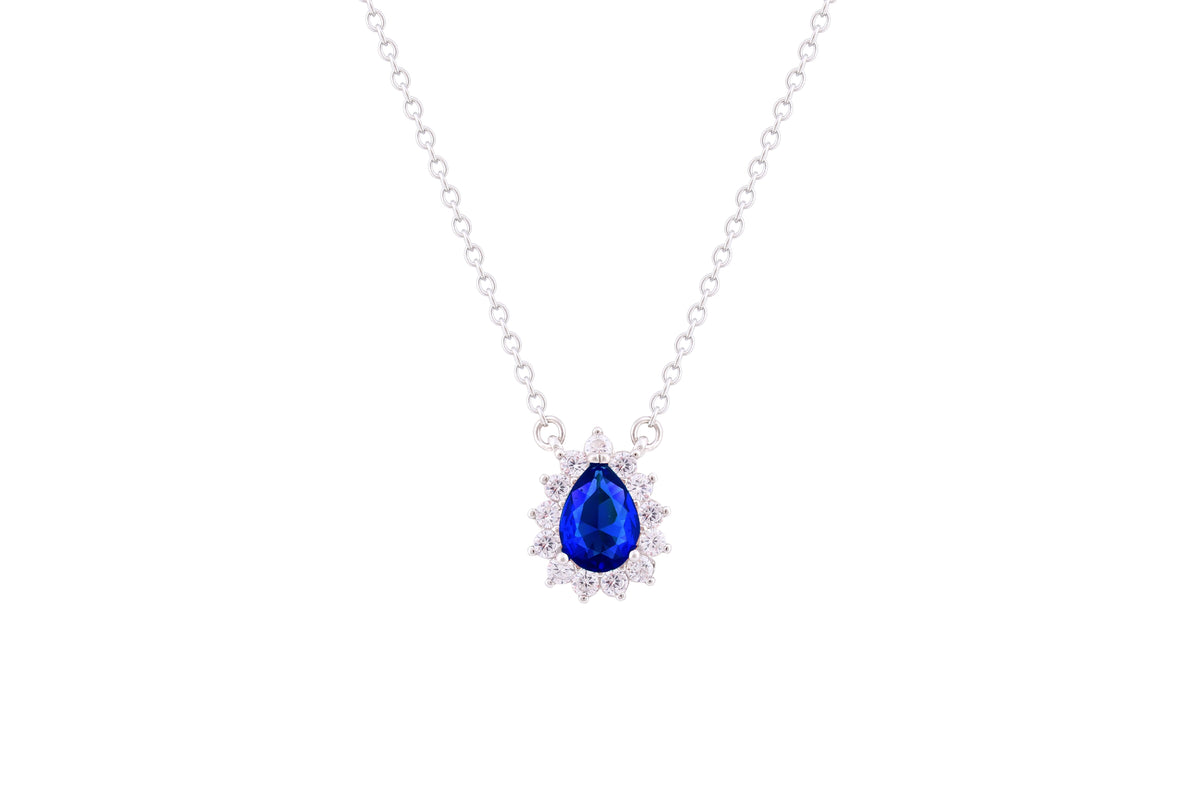 Asfour Crystal Chain Necklace With Blue Pear Pendant In 925 Sterling Silver ND0098-B