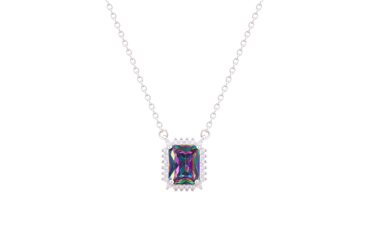 Asfour Crystal Chain Necklace With Multi Color Radiant Cut Pendant In 925 Sterling Silver ND0099-AP