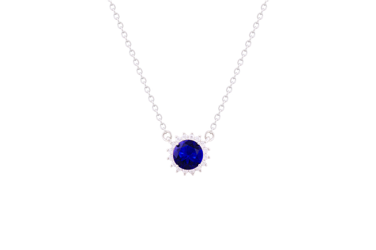 Asfour Crystal Chain Necklace With Blue Halo Round Design In 925 Sterling Silver-ND0100-B