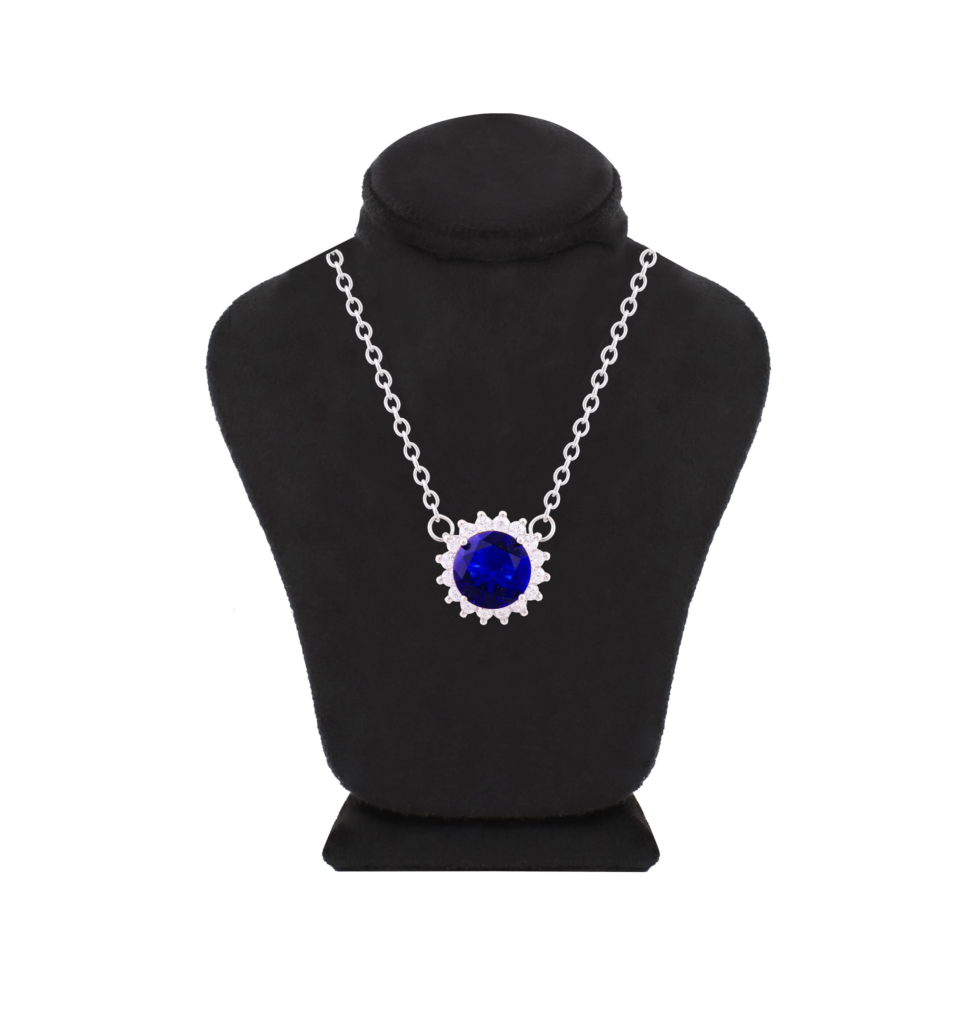 Asfour Crystal Chain Necklace With Blue Halo Round Design In 925 Sterling Silver-ND0100-B