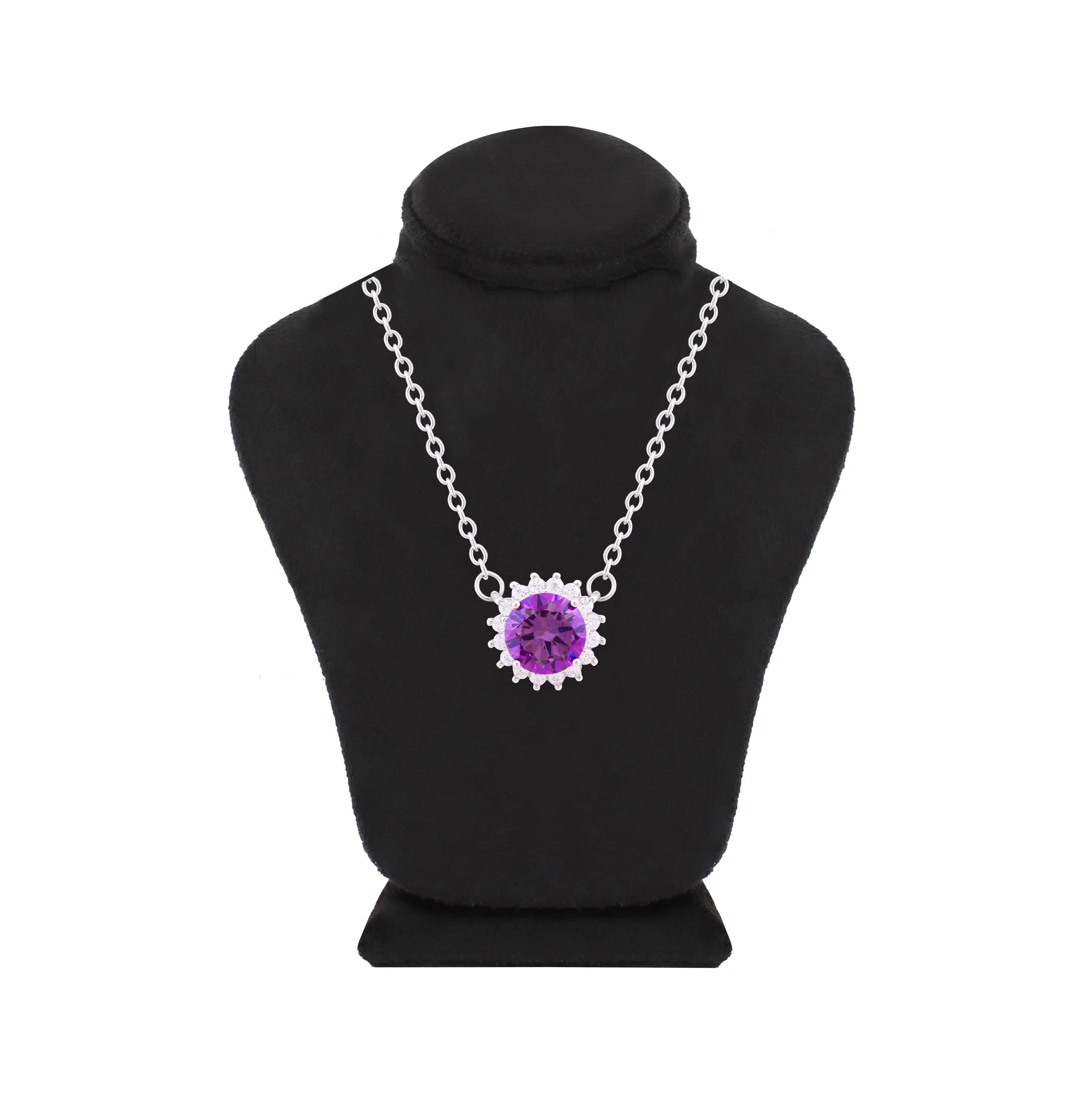 Asfour Crystal Chain Necklace With Dark Tenzanite Halo Round Design In 925 Sterling Silver-ND0100-N5