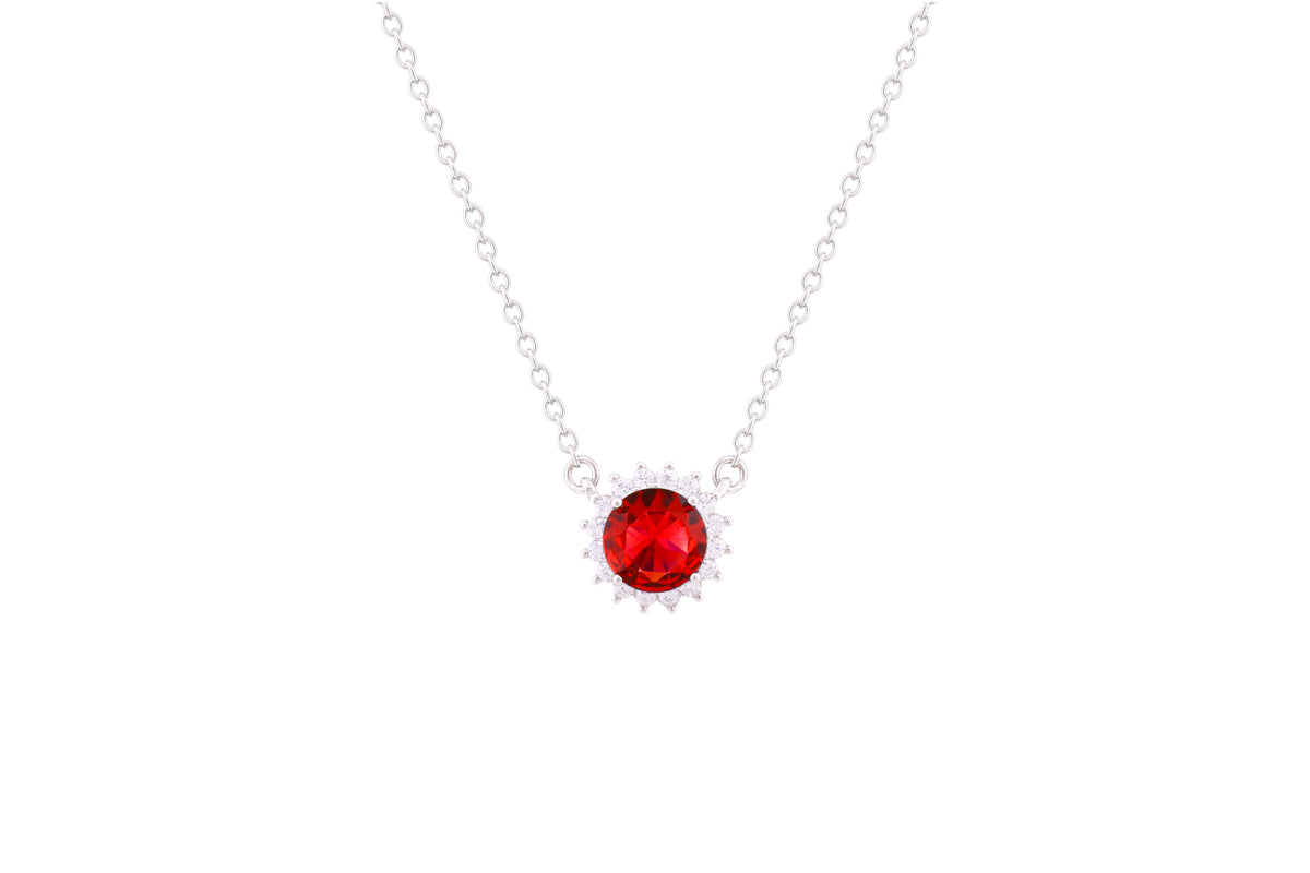 Asfour Crystal Chain Necklace With Ruby Halo Round Design In 925 Sterling Silver-ND0100-R