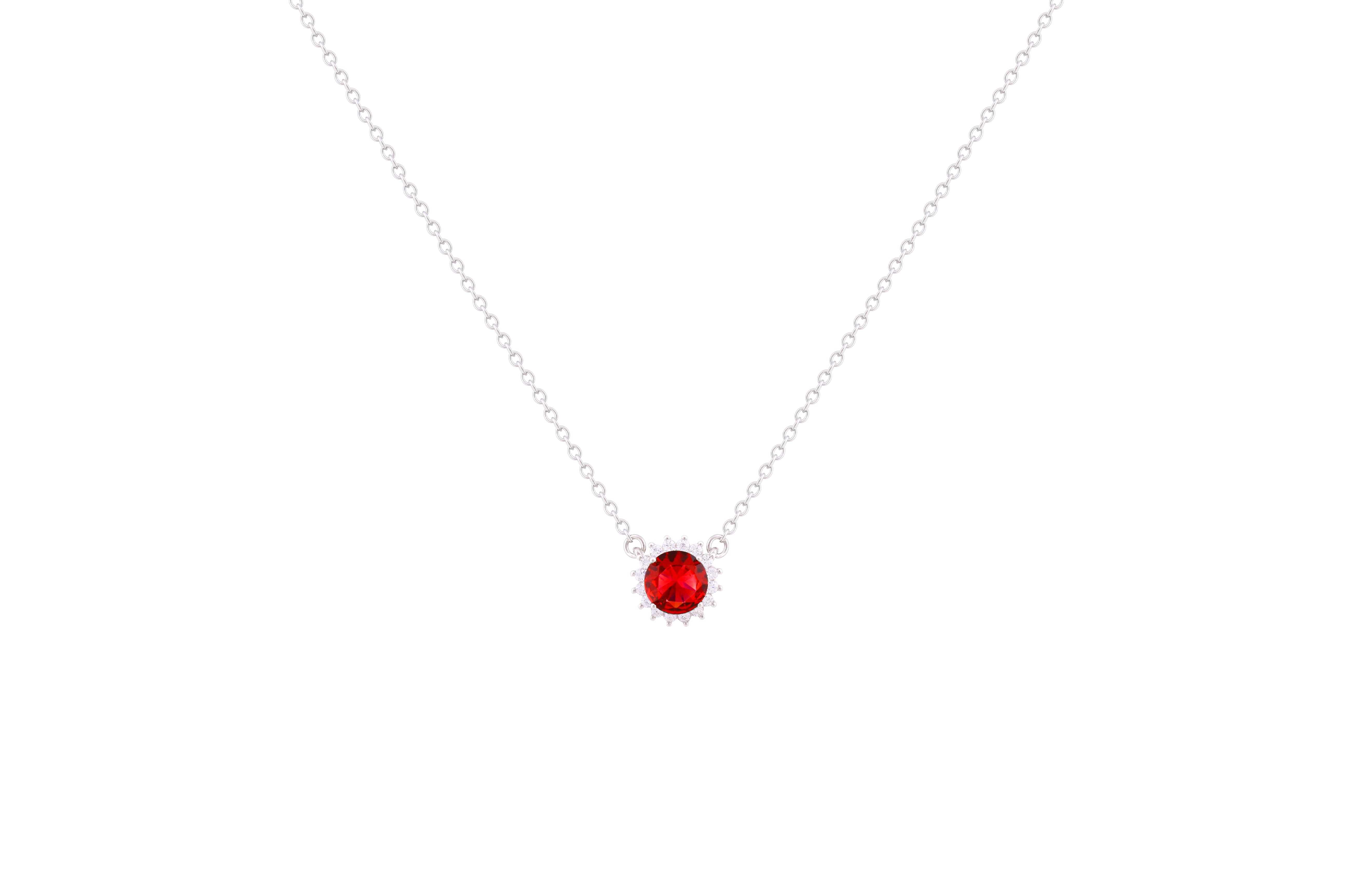 Asfour Crystal Chain Necklace With Ruby Halo Round Design In 925 Sterling Silver-ND0100-R