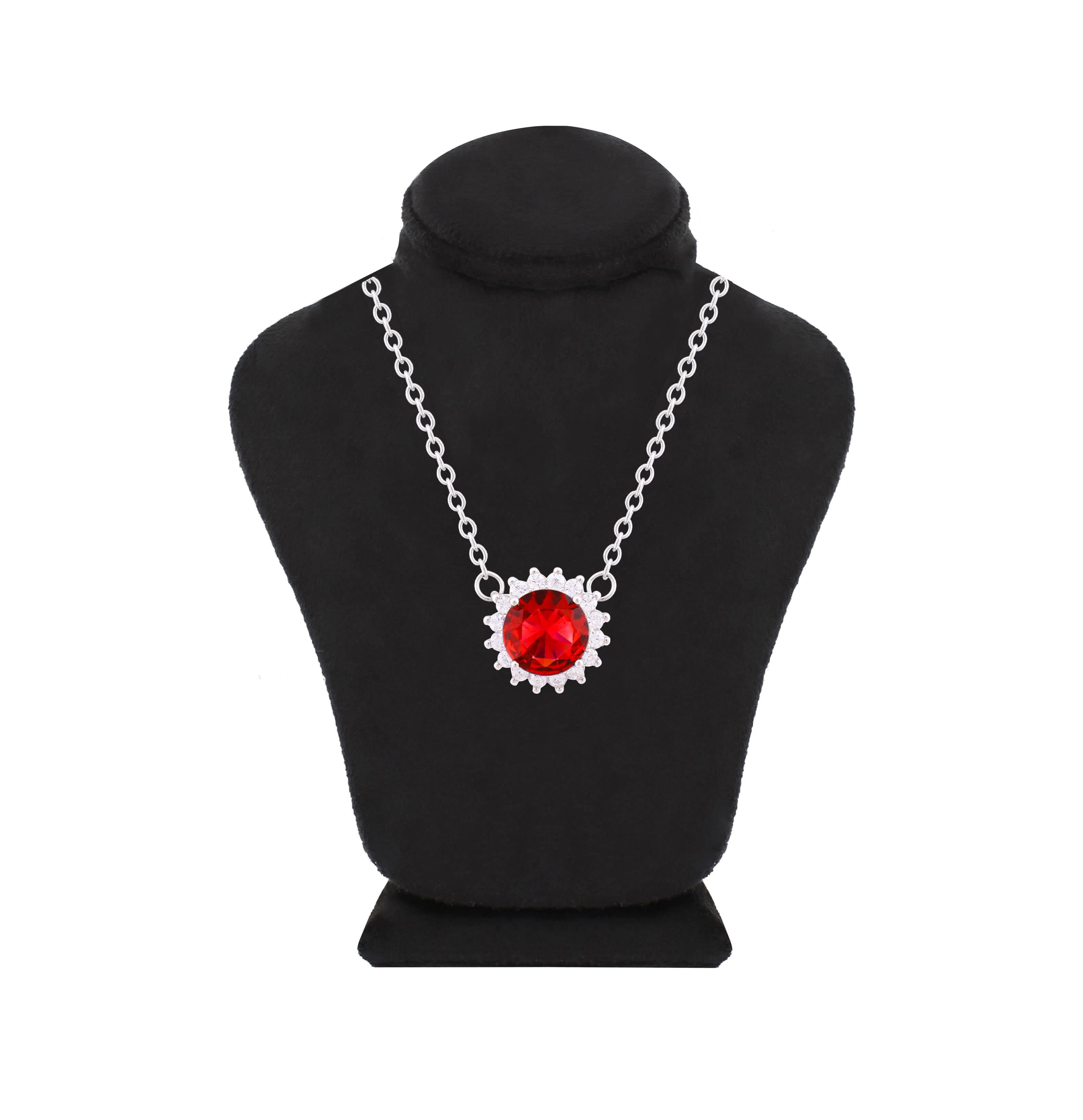 Asfour Crystal Chain Necklace With Ruby Halo Round Design In 925 Sterling Silver-ND0100-R