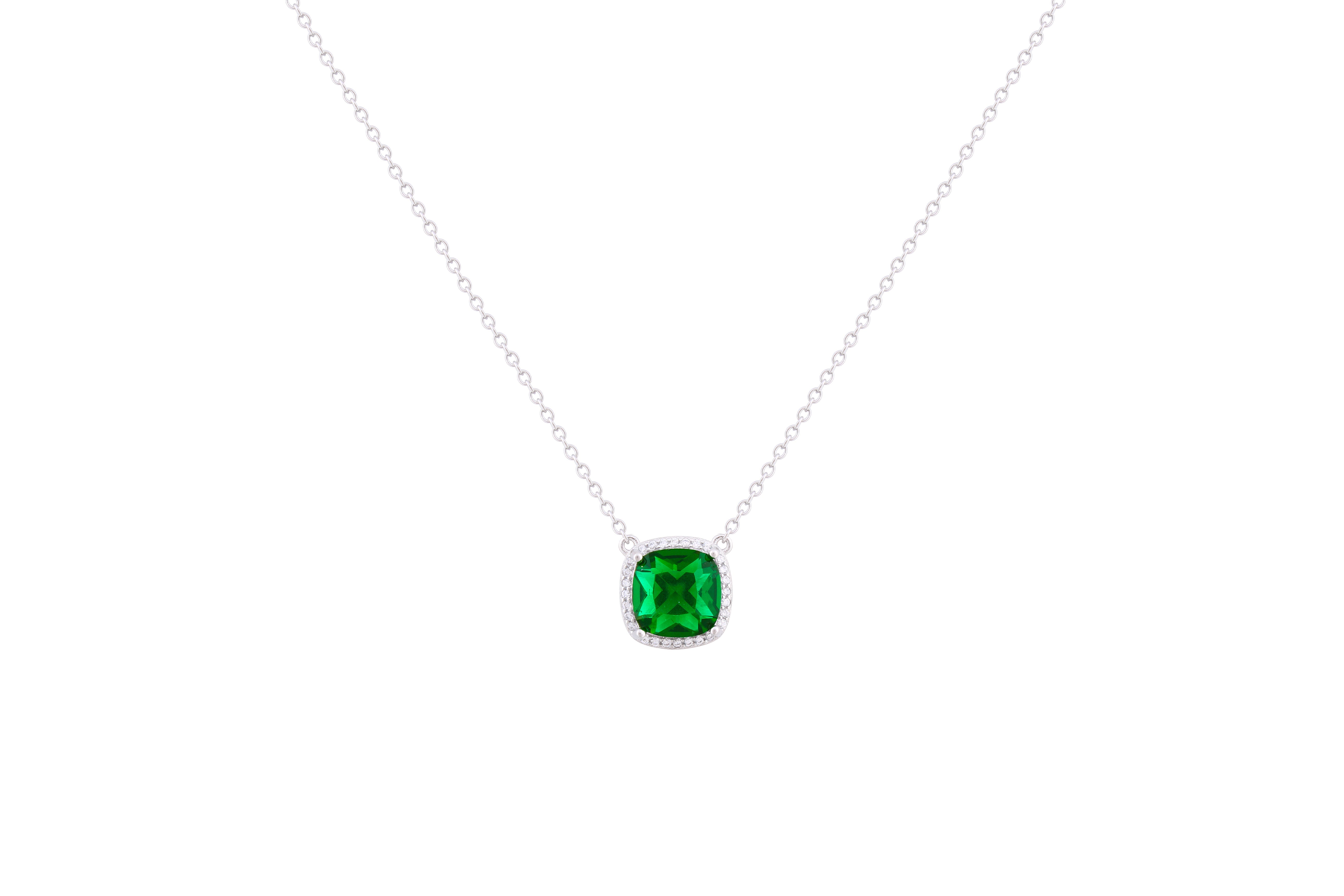 Asfour Crystal Chain Necklace With Emerald Cushion Cut Pendant In 925 Sterling Silver ND0102-G