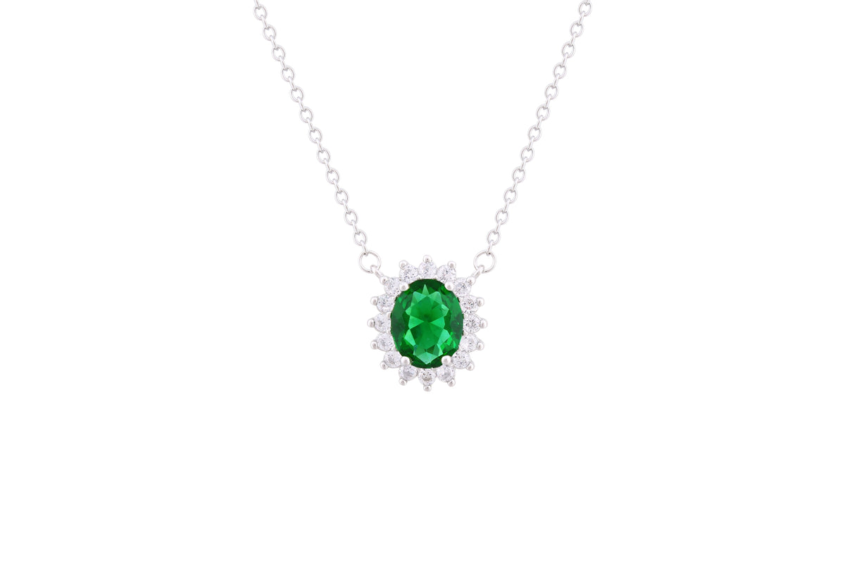 Asfour Crystal Chain Necklace With Emerald Oval Pendant In 925 Sterling Silver ND0103-G