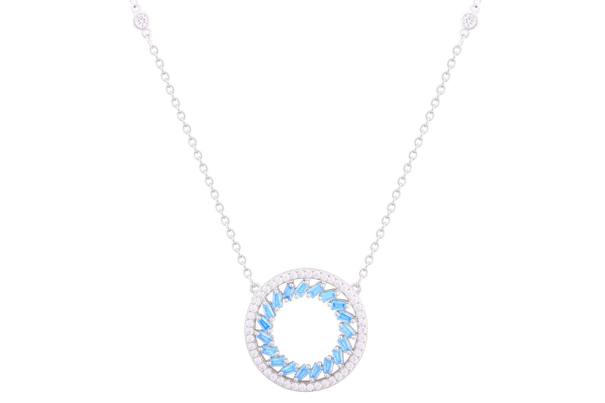 Asfour Crystal Chain Necklace With Aquamarine Circle Pendant In 925 Sterling Silver ND0105-WM