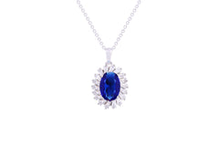 Asfour Crystal Chain Necklace With Blue Oval Pendant In 925 Sterling Silver ND0108-B